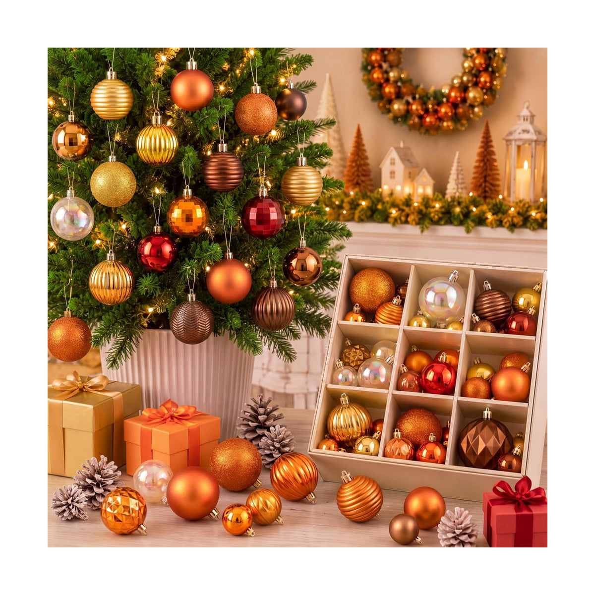 Lunmon 64 Pcs Fall Thanksgiving Tree Ornaments, Orange Brown Burgundy Gold