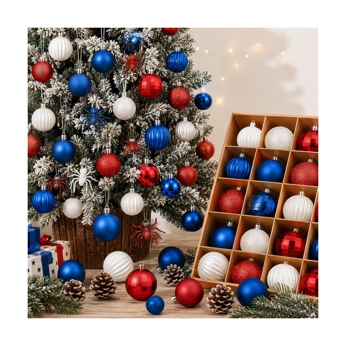 Lunmon 64 Pcs Red White and Blue Christmas Ornaments Patriotic Xmas Balls