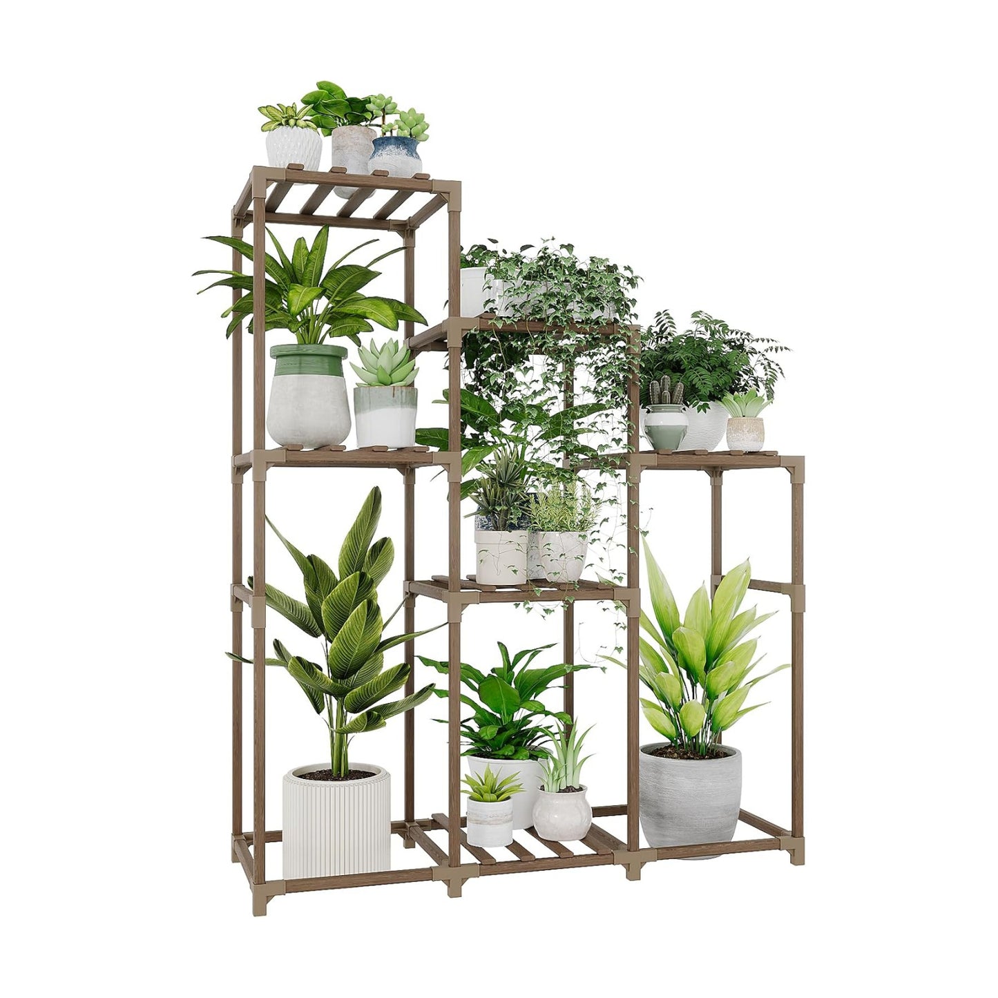 Bamworld Tall Plant Stand Indoor Wood Shelf Outdoor Tiered Rack | for Multiple Flowers 5-Tier 7-Pot Ladder Holder for