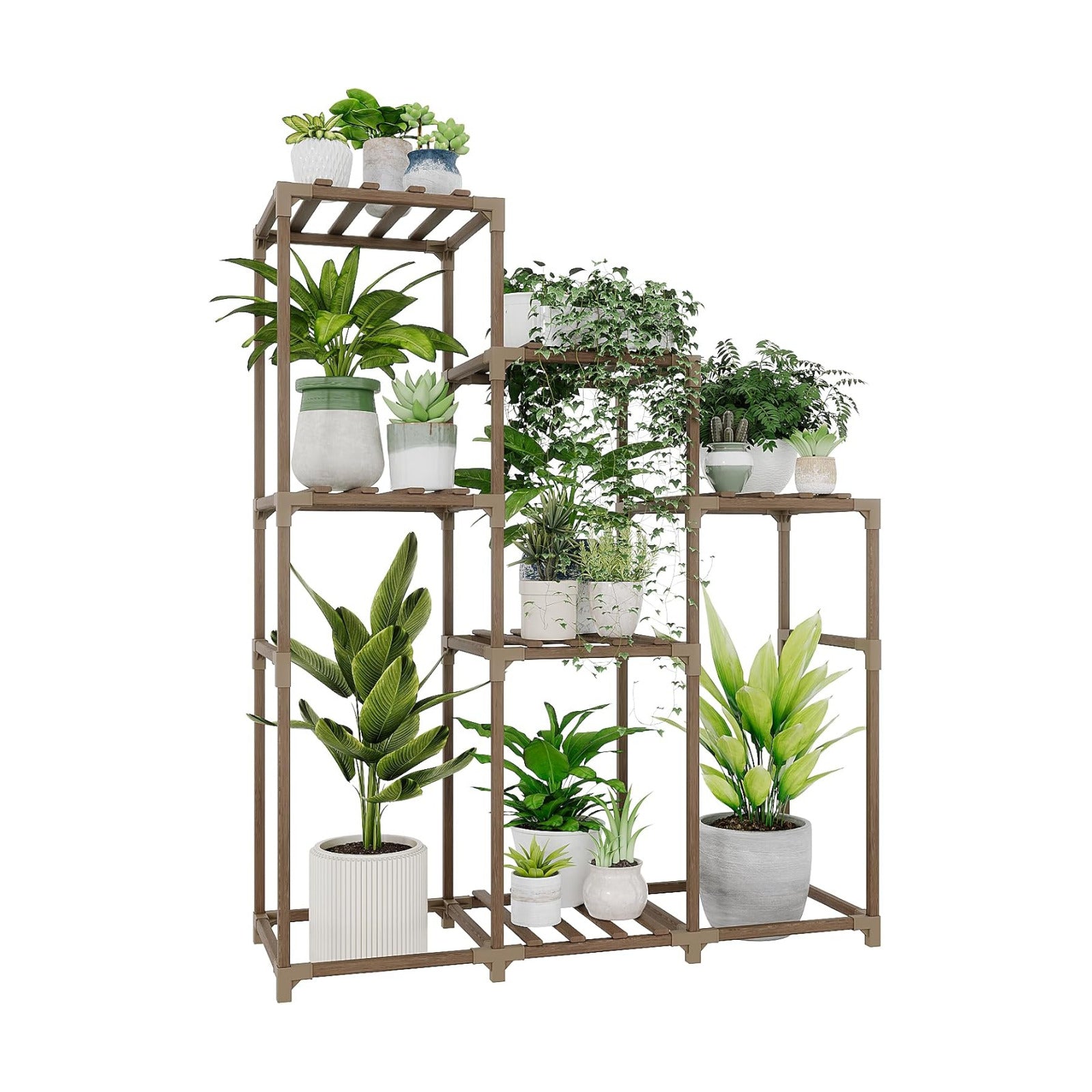 Bamworld Tall Plant Stand Indoor Wood Shelf Outdoor Tiered Rack | for Multiple Flowers 5-Tier 7-Pot Ladder Holder for