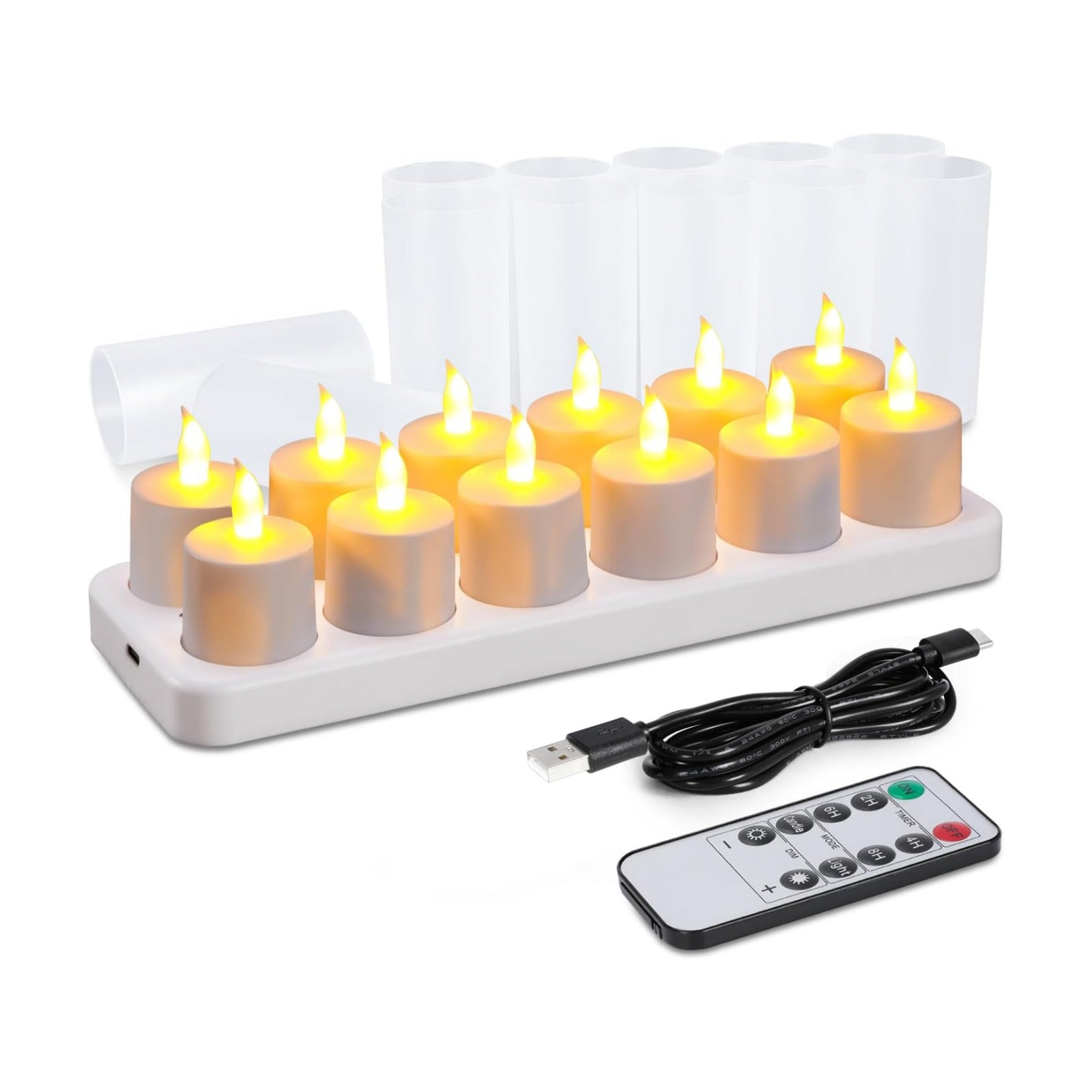 WoneNice 12 pcs Rechargeable Flameless Tealight Candles with Remote & Timer | Battery-powered LED Tealight w/ Charging