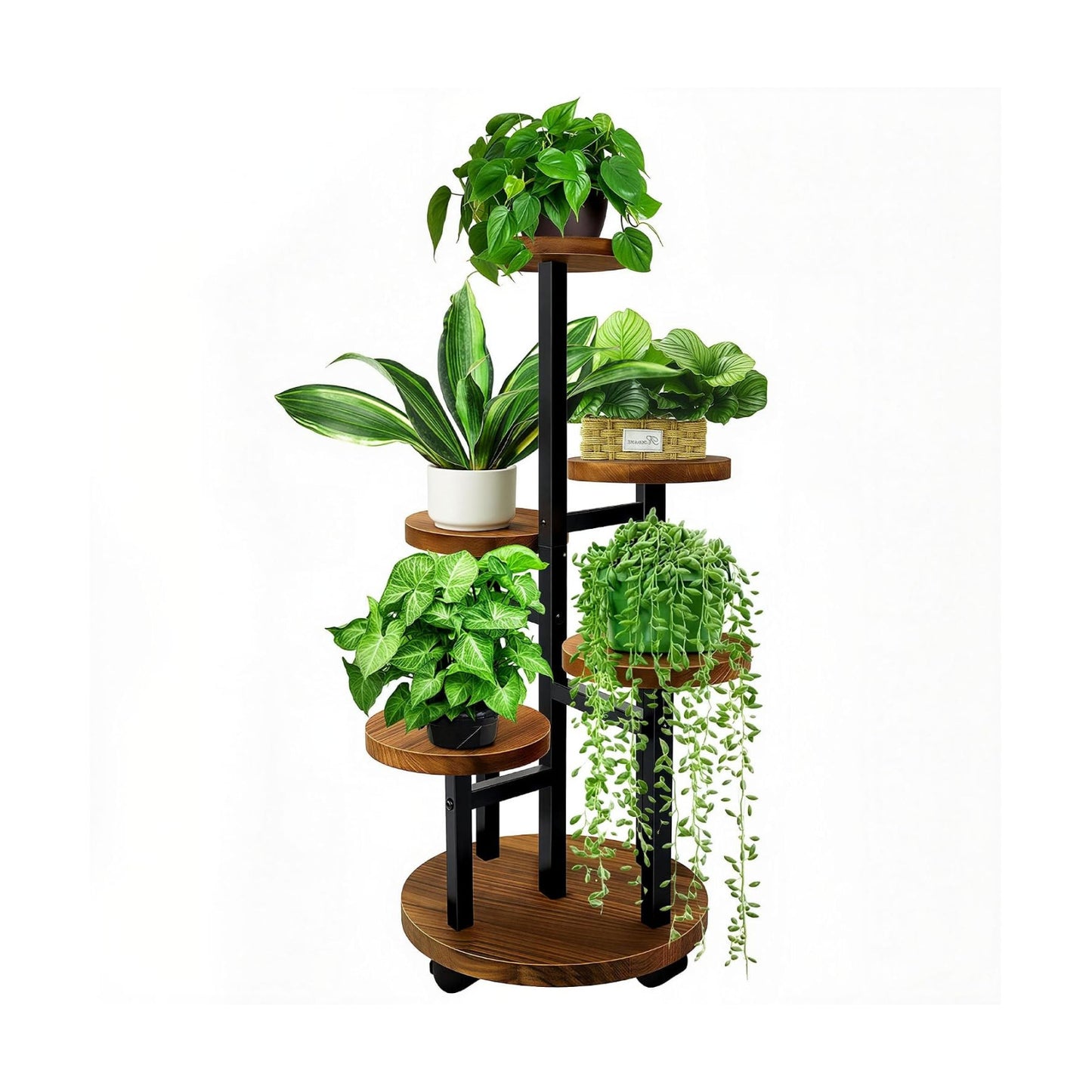 5 Tier Plant Stand With 4 Wheels | Metal Wood Tall Plant Stands For Indoor Plants Multiple, Corner Tiered Flower Plants