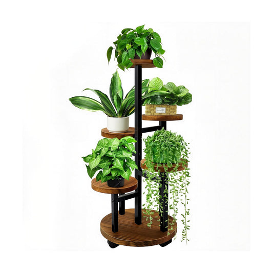 5 Tier Plant Stand With 4 Wheels | Metal Wood Tall Plant Stands For Indoor Plants Multiple, Corner Tiered Flower Plants