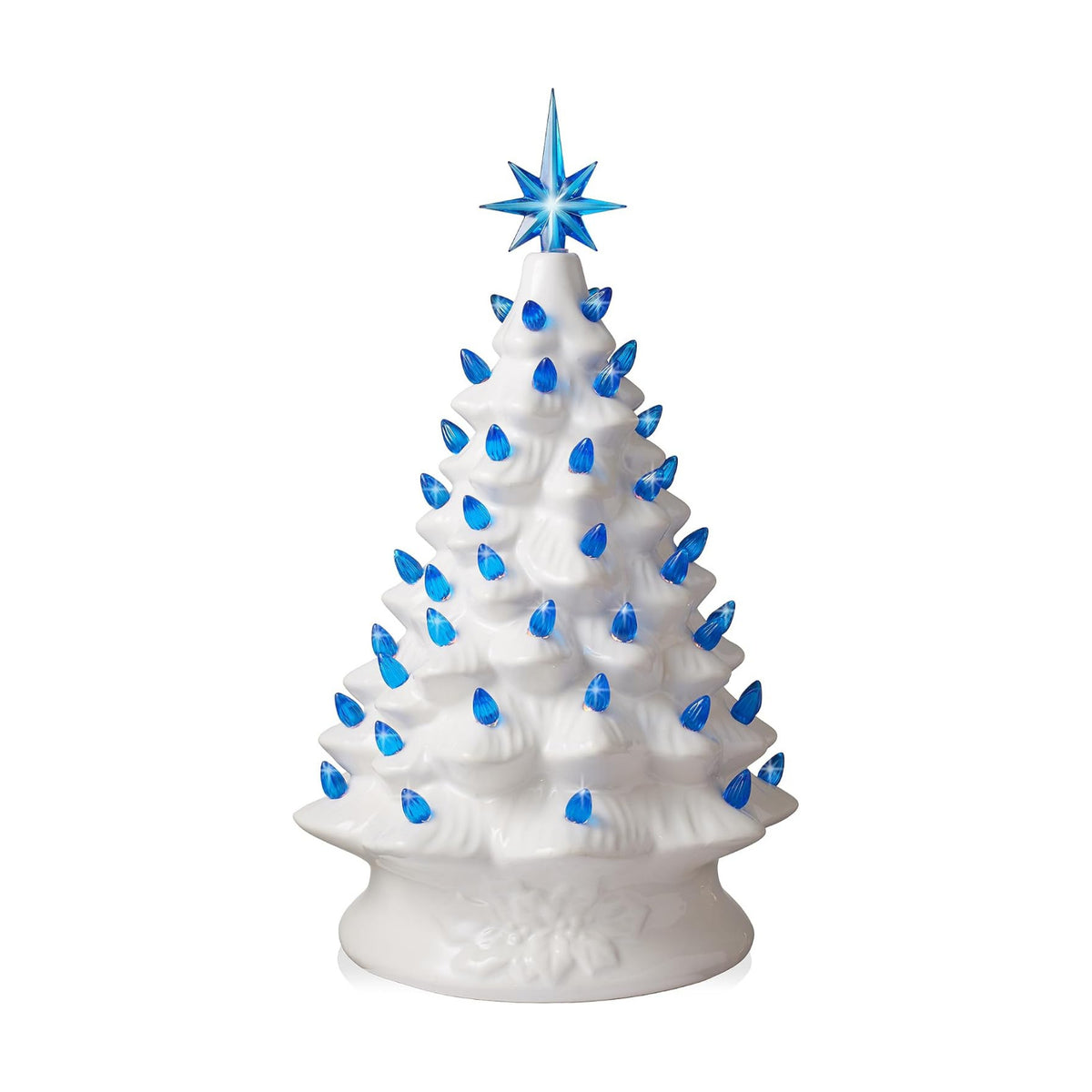 Casafield Hand Painted Ceramic Christmas Tree, White 15-Inch Pre-Lit Tree with 128 Pink and Blue Lights and 2 Star Toppers