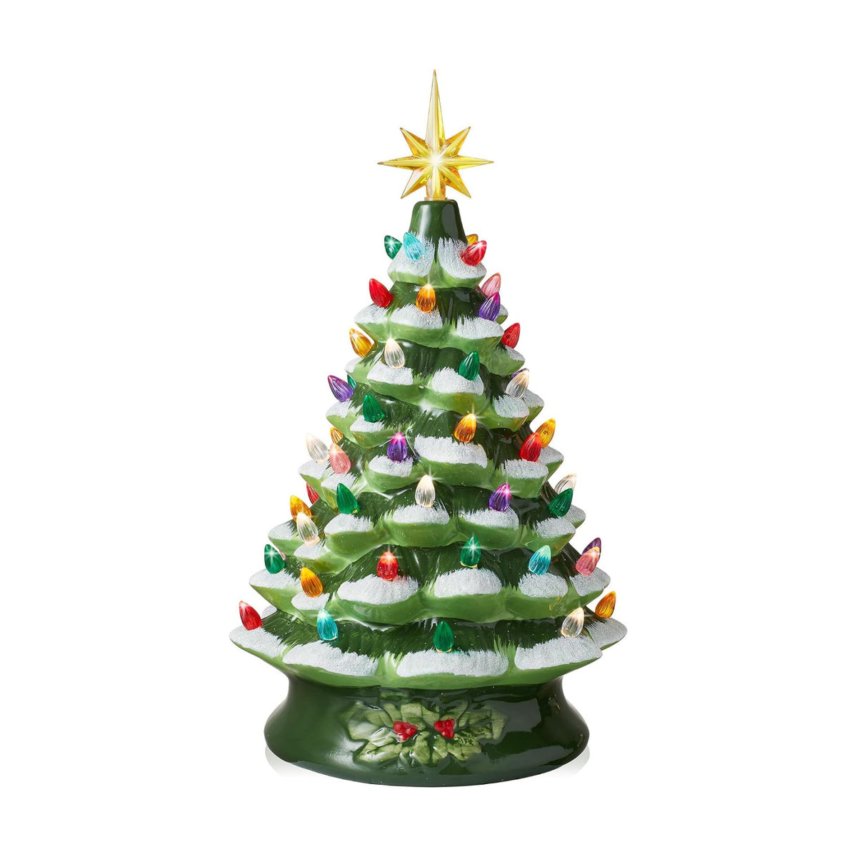 Casafield Hand Painted Ceramic Christmas Tree, Green Snow Flocked 15-Inch Pre-Lit Tree with 128 Multi-Color Lights and 2 Star Toppers