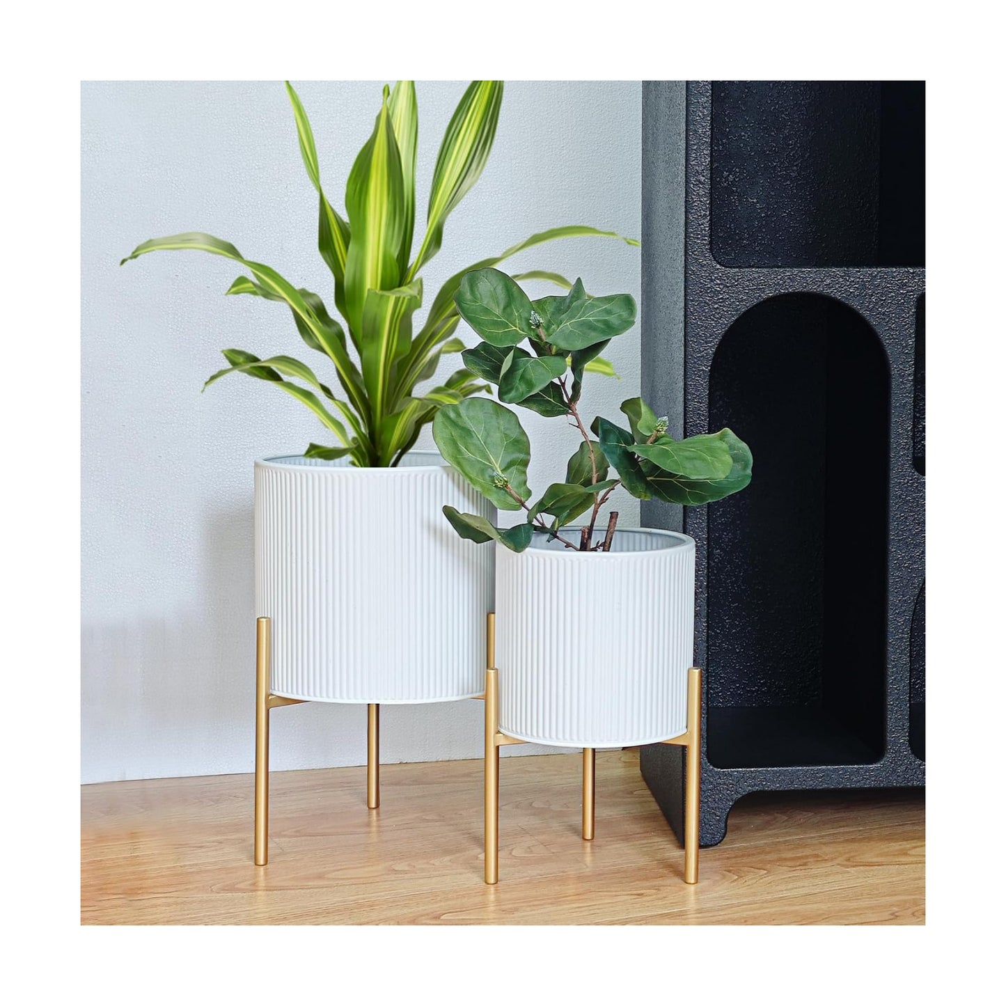 ARNIS Modern Planter Pots, Set of 2 Round Large Planters with Stand, Decorative Floor Planters, Metal Pots with
