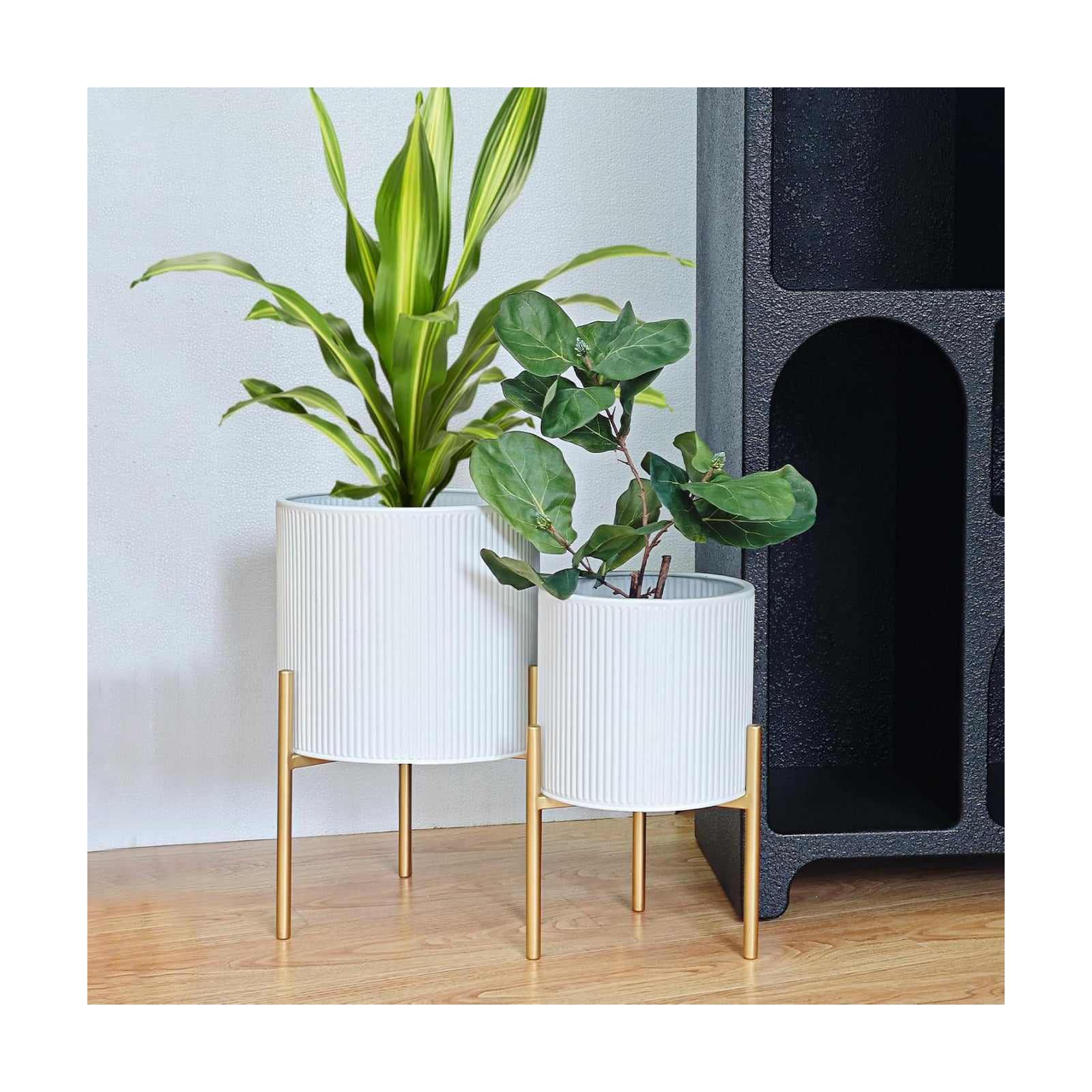 ARNIS Modern Planter Pots, Set of 2 Round Large Planters with Stand, Decorative Floor Planters, Metal Pots with