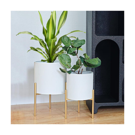 ARNIS Modern Planter Pots, Set of 2 Round Large Planters with Stand, Decorative Floor Planters, Metal Pots with