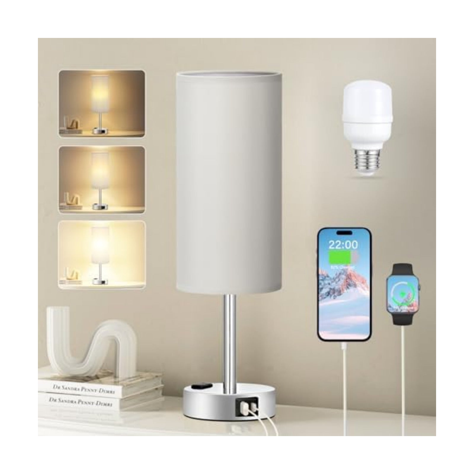Fenmzee Grey Bedside Lamp for Bedroom, Dimmable Touch, USB A+C, AC Outlet