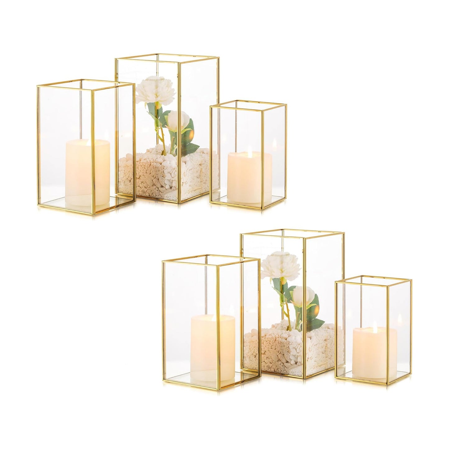 Hurricane Glass Candle Holder: Large Gold Lanterns Set of 3 | Geometric Design, 6.5/8.1/9.5 In Decorative Lanterns for