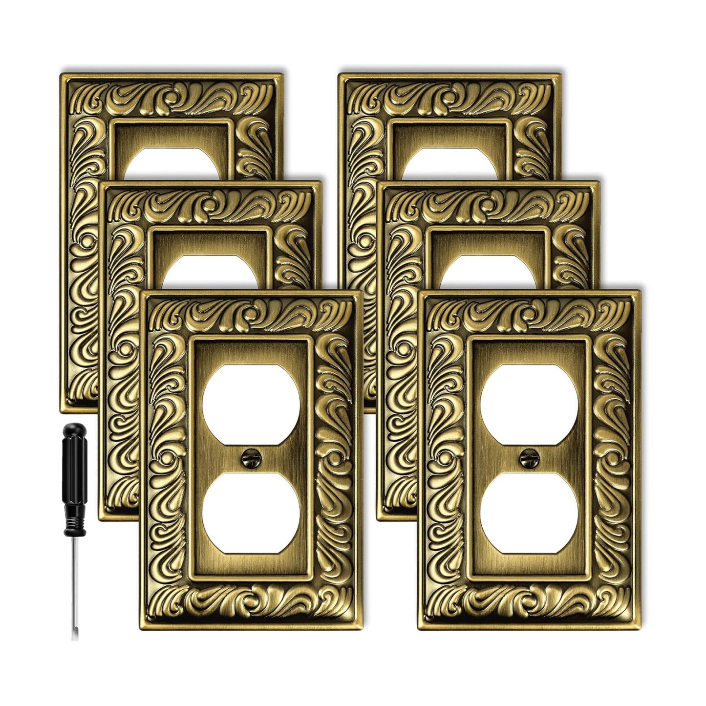 Antique Brass Decorative Duplex Outlet Cover, Decorative Switch Plate Cover | 6 Pack Paisley Pattern Wall Plates for