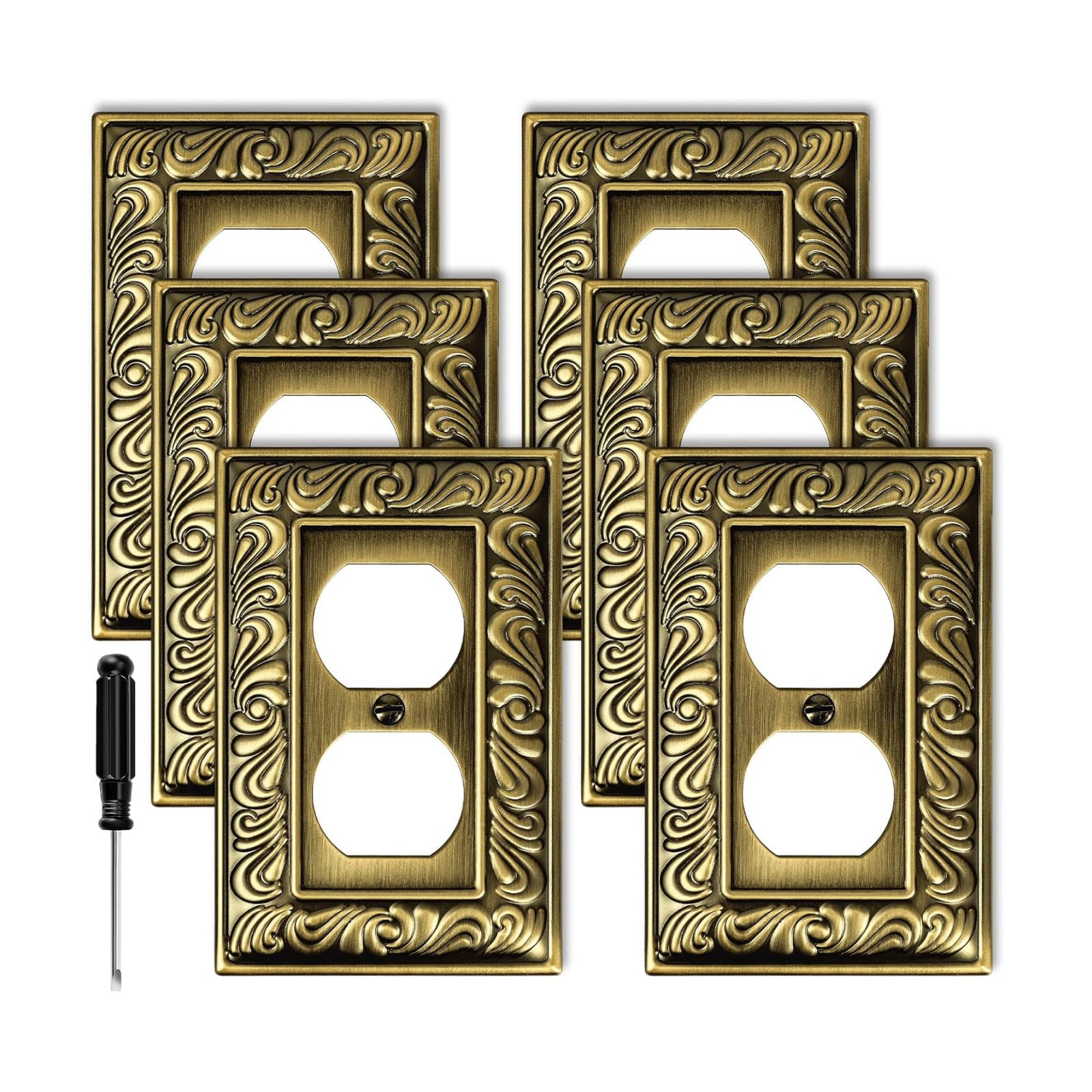 Antique Brass Decorative Duplex Outlet Cover, Decorative Switch Plate Cover | 6 Pack Paisley Pattern Wall Plates for