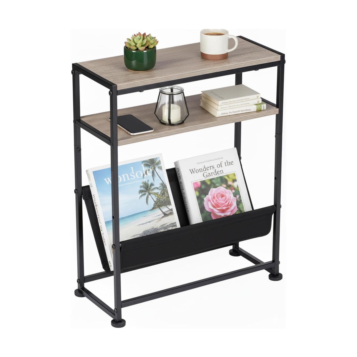 Narrow End Table for Small Spaces - Slim Side Table with Magazine Holder,2 in 1 Design Narrow Coffee Table Living