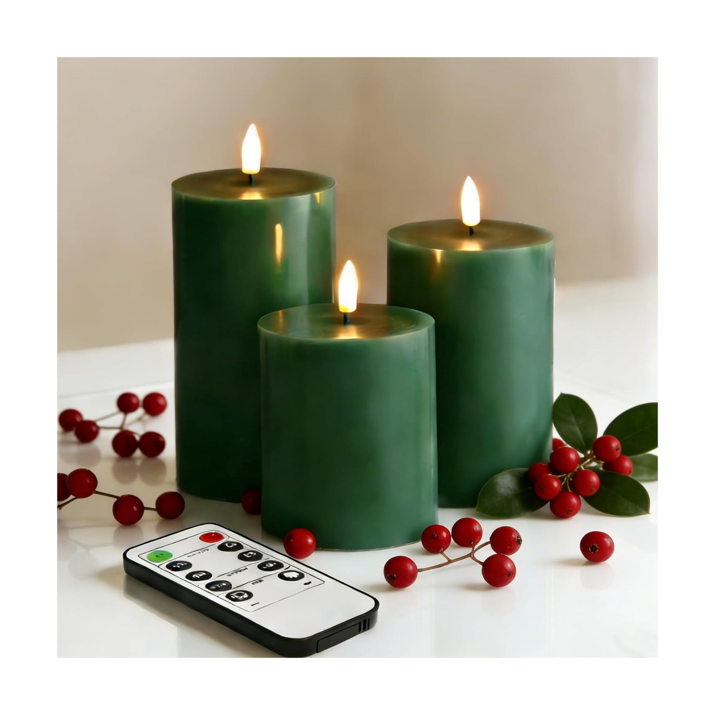Dark Green Flameless Pillar Candles with Remote Set of 3 | Flickering LED Wax Candles, Flat Top, 2 AA Battery Power