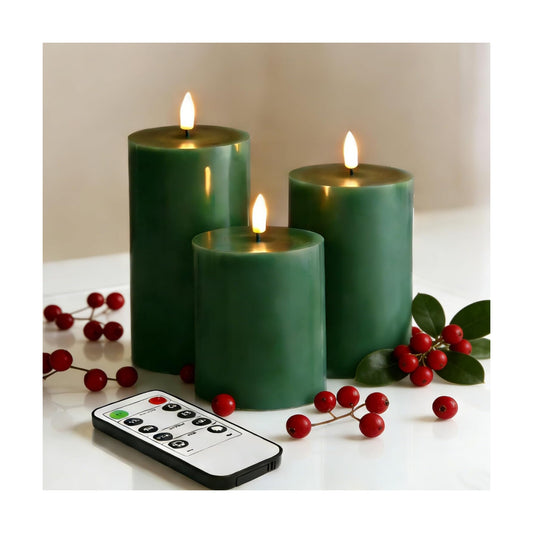 Dark Green Flameless Pillar Candles with Remote Set of 3 | Flickering LED Wax Candles, Flat Top, 2 AA Battery Power