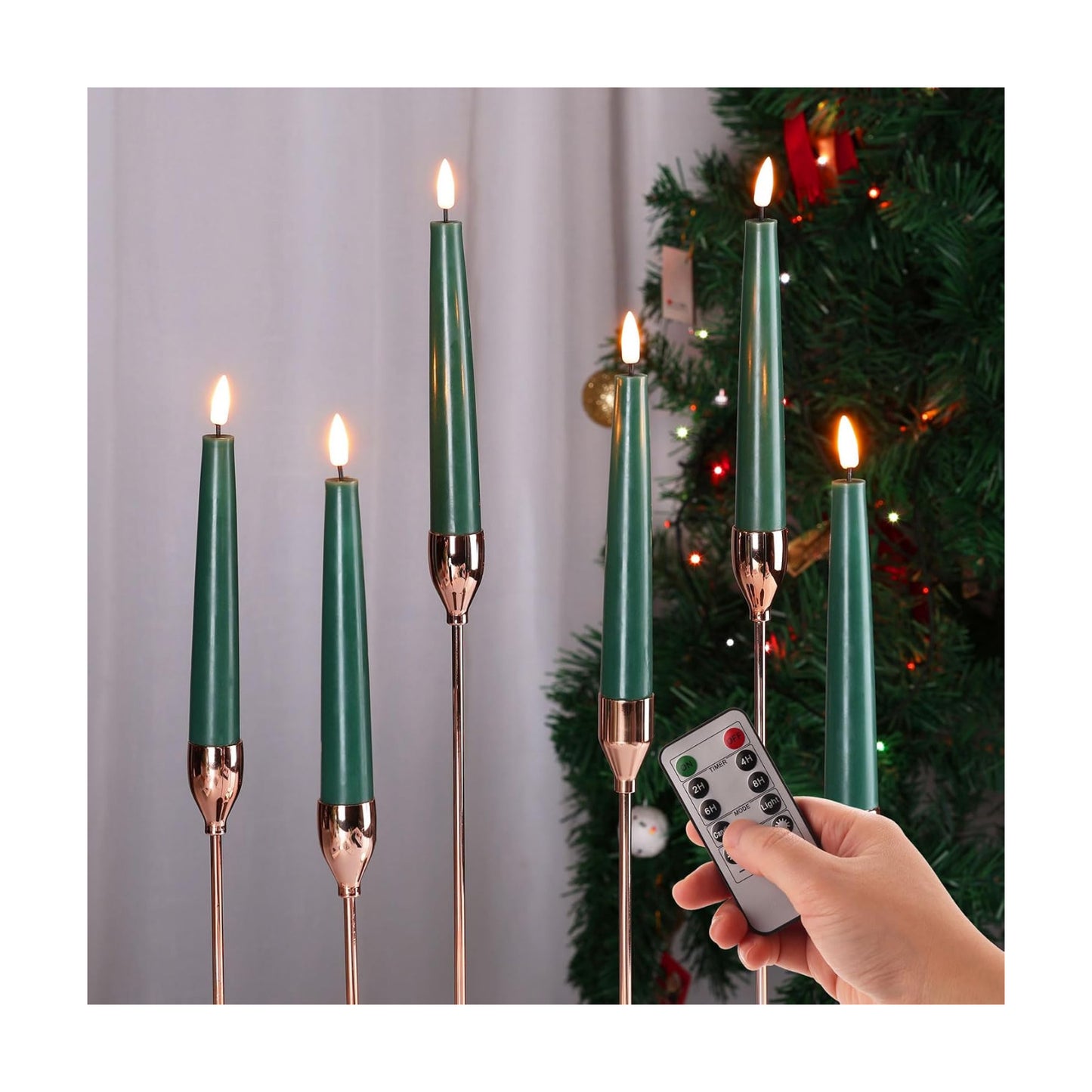 Short Green Flameless Taper Candles with Remote Set of 6 | Flickering LED Candlesticks, Real Wax Coating, 2 AAA Battery