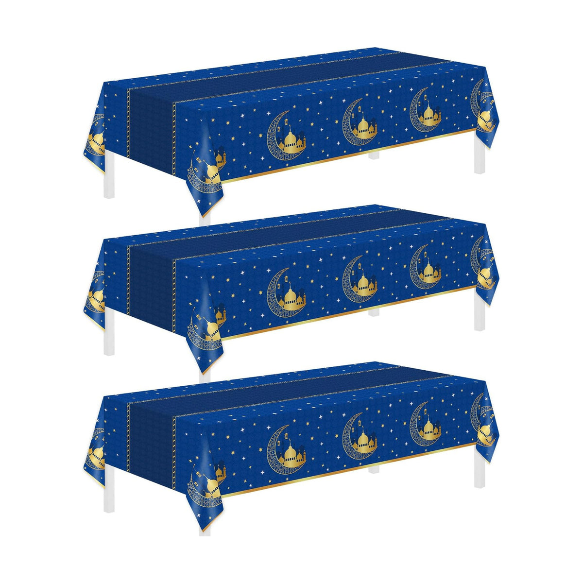 Childom 3 Pack Ramadan Table Cloth,Ramadan Decorations for Home,54" x 108" Eid Mubarak Decorations,Eid Ramadan Tablecloths Rectangular,Blue Plastic Table Cloth Disposable Table Cover for Party Favors