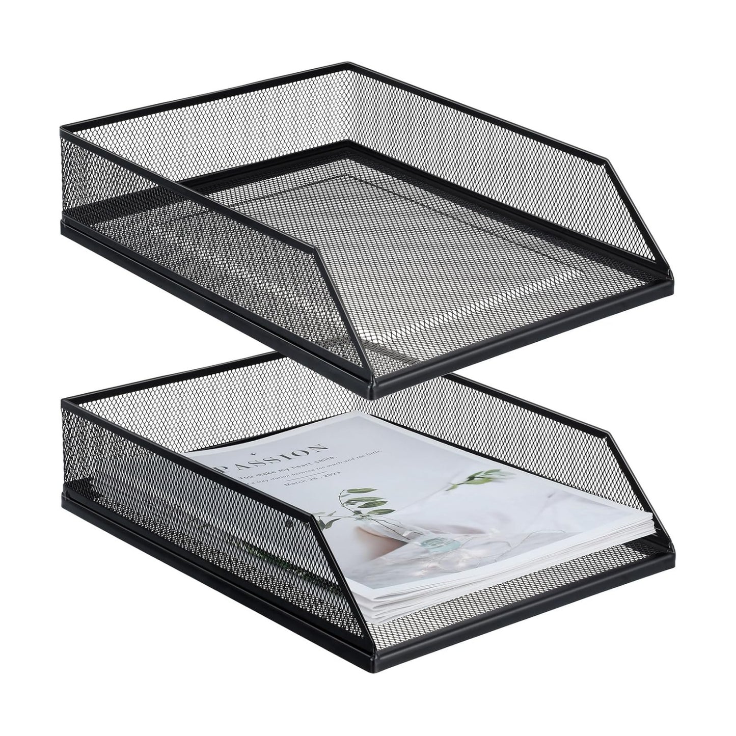 Hicarer 2 Pcs Black Metal Letter Tray Stackable Desk Tray Single Wire Mesh Organizer Front Load File Paper Holder for