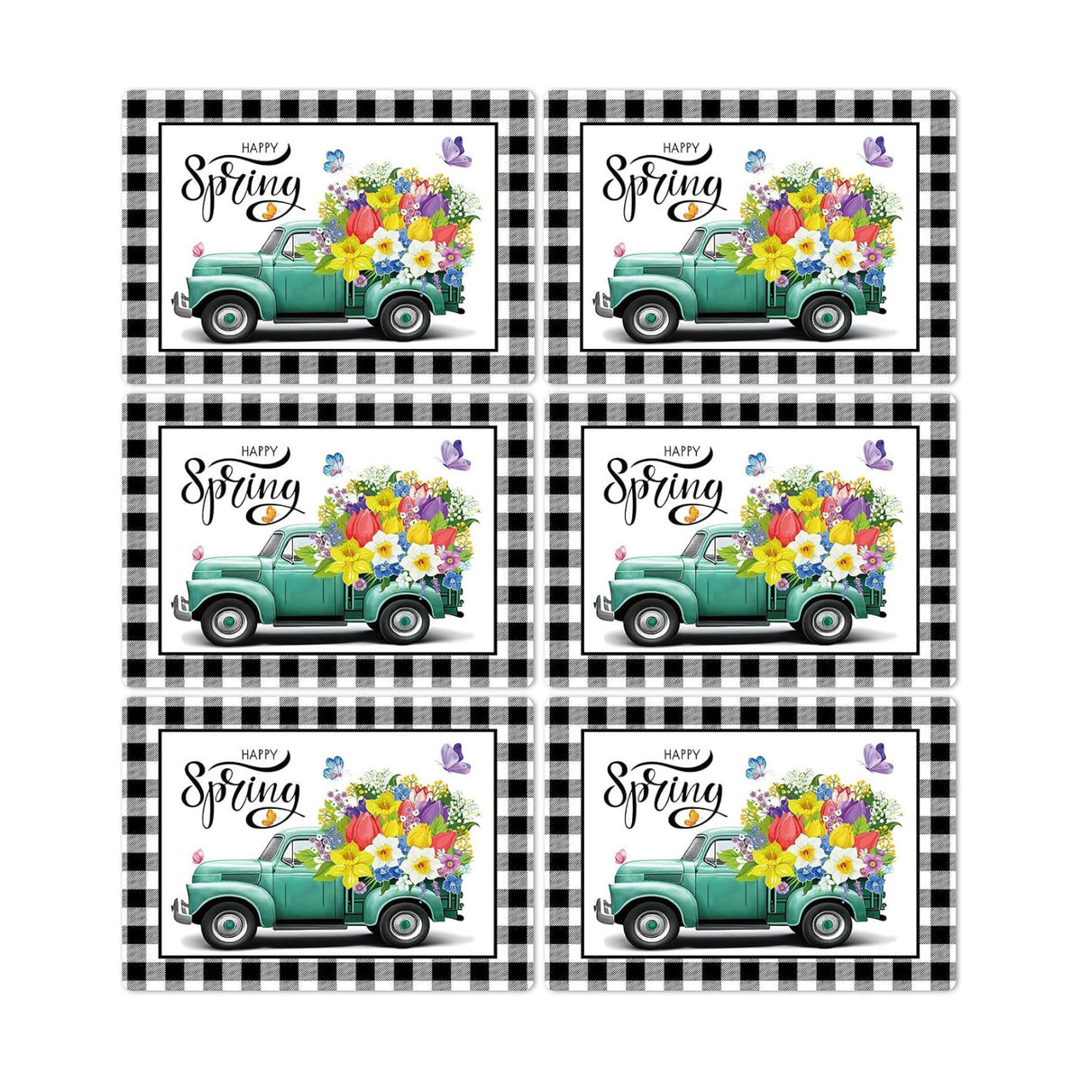 Happy Spring Placemats Set of 6 Black White Plastic Table Mat 17×13×0.04in