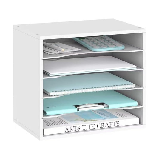 5 Tier Wood Desk Organizer, Mail Sorter and Paper Organizer for Desk, White | Wooden Desktop Organizer for Sorting