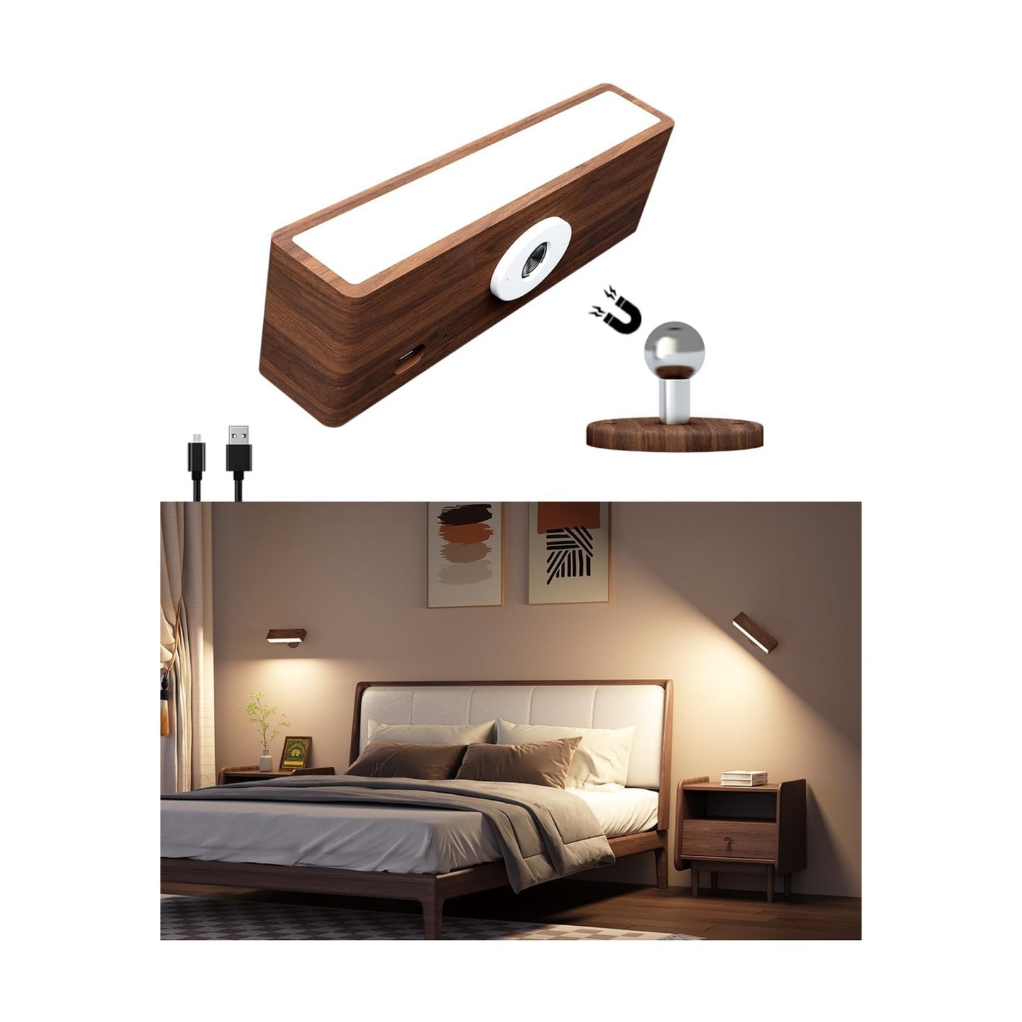DetarZinLED Wall Lights Battery Operated Wooden,Magnetic Wall Sconces Rechargeable,Adhesive Wall Lights for