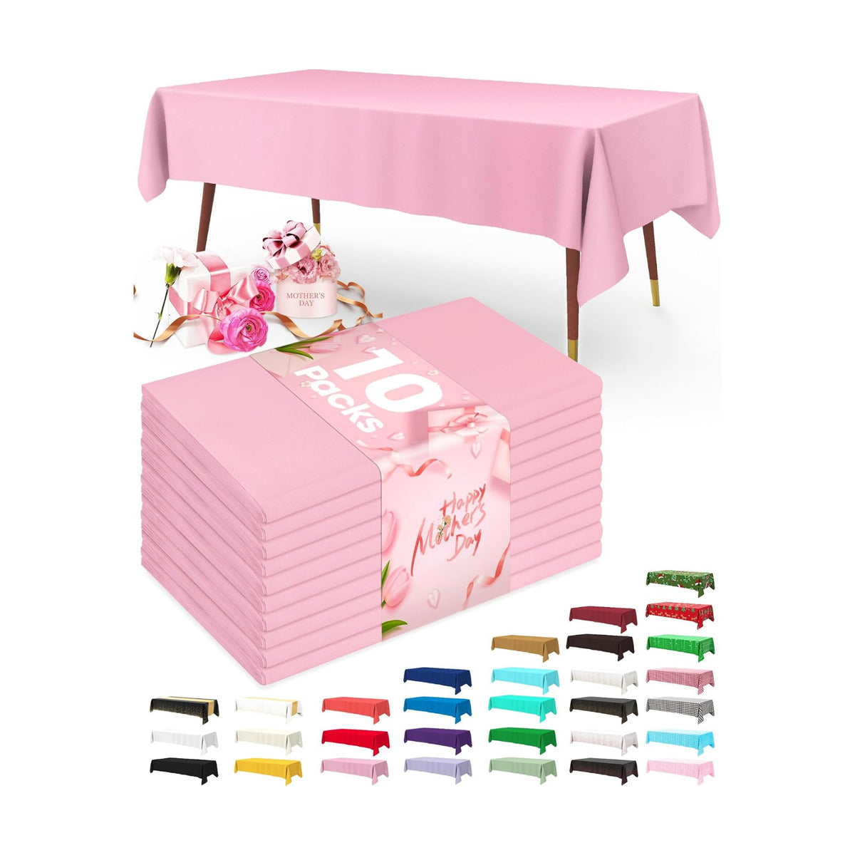 Pureegg Plastic Table Cloth Disposable 10 Pack, 54 x 108 Inch Table Cloths, Easter Party, Valentines, Mothers Day Decorations, Tablecloths, Rectangle, Pastel Plastic Cover, Leakproof & Sturdy, Pink