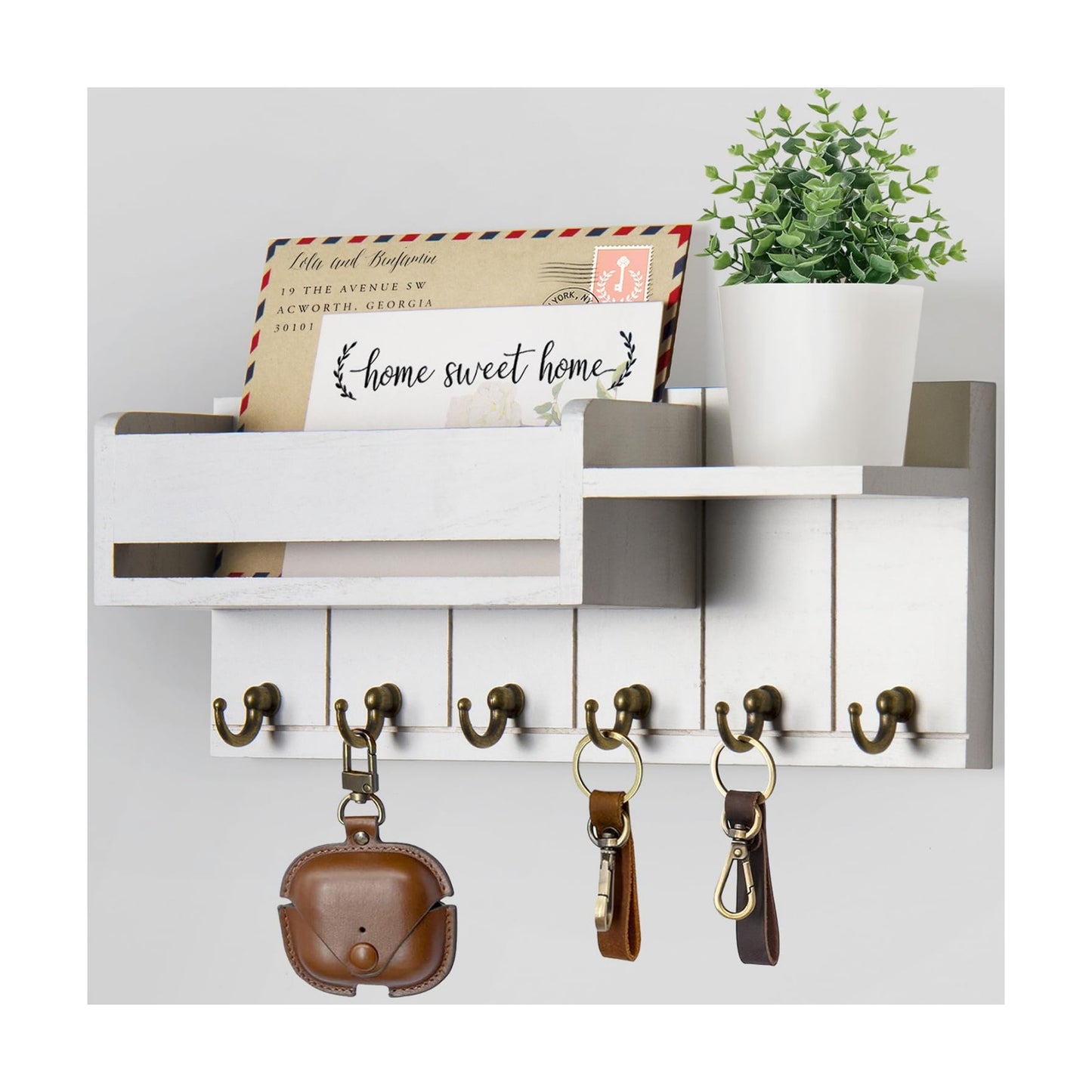 Wooden Key Hanger Rack and Mail Organizer / White / M