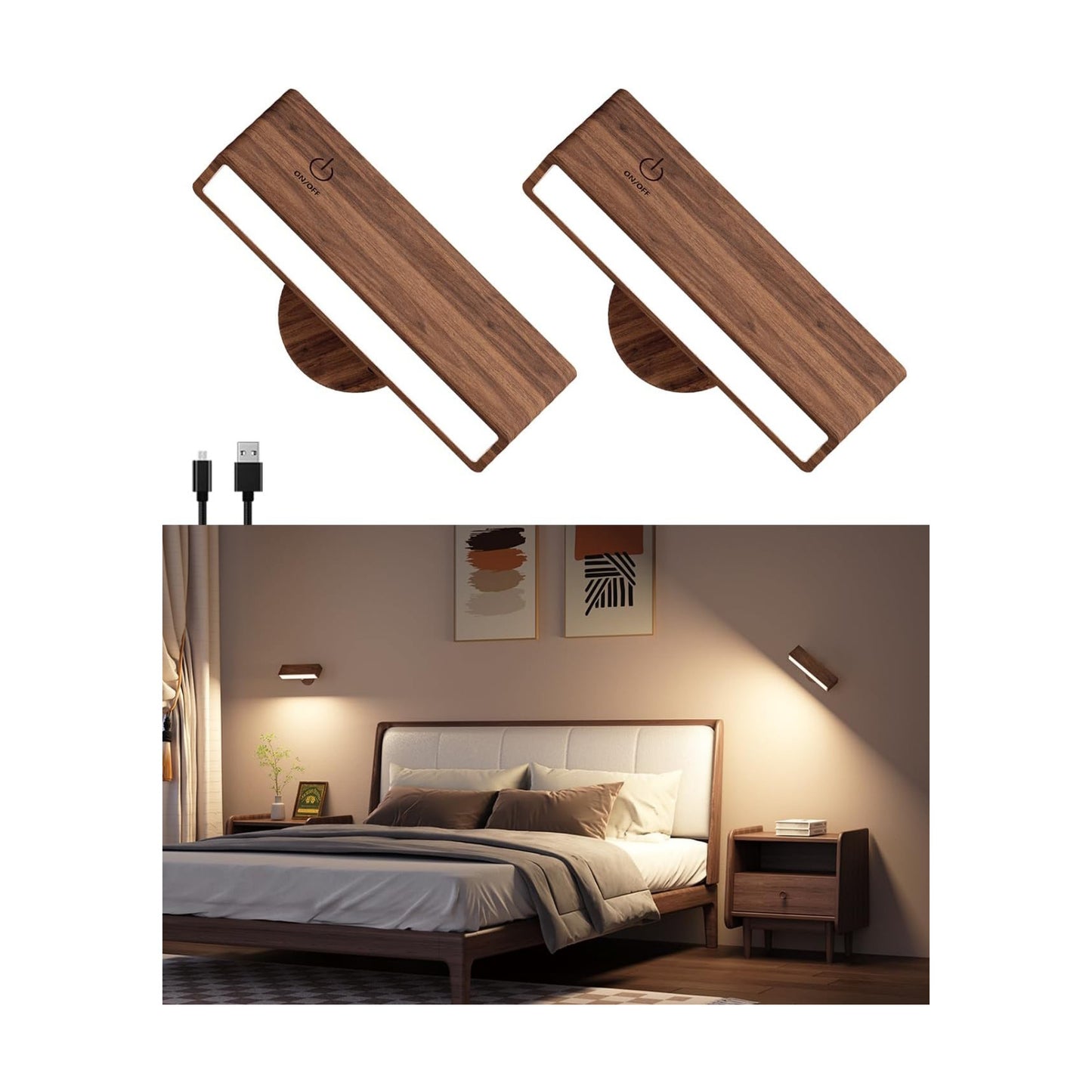 DetarZinLED Battery Operated Wall Sconces Set of 2,Rechargeable Wall Lights Wood,Stick On Wall Lights for Bedroom,Wall