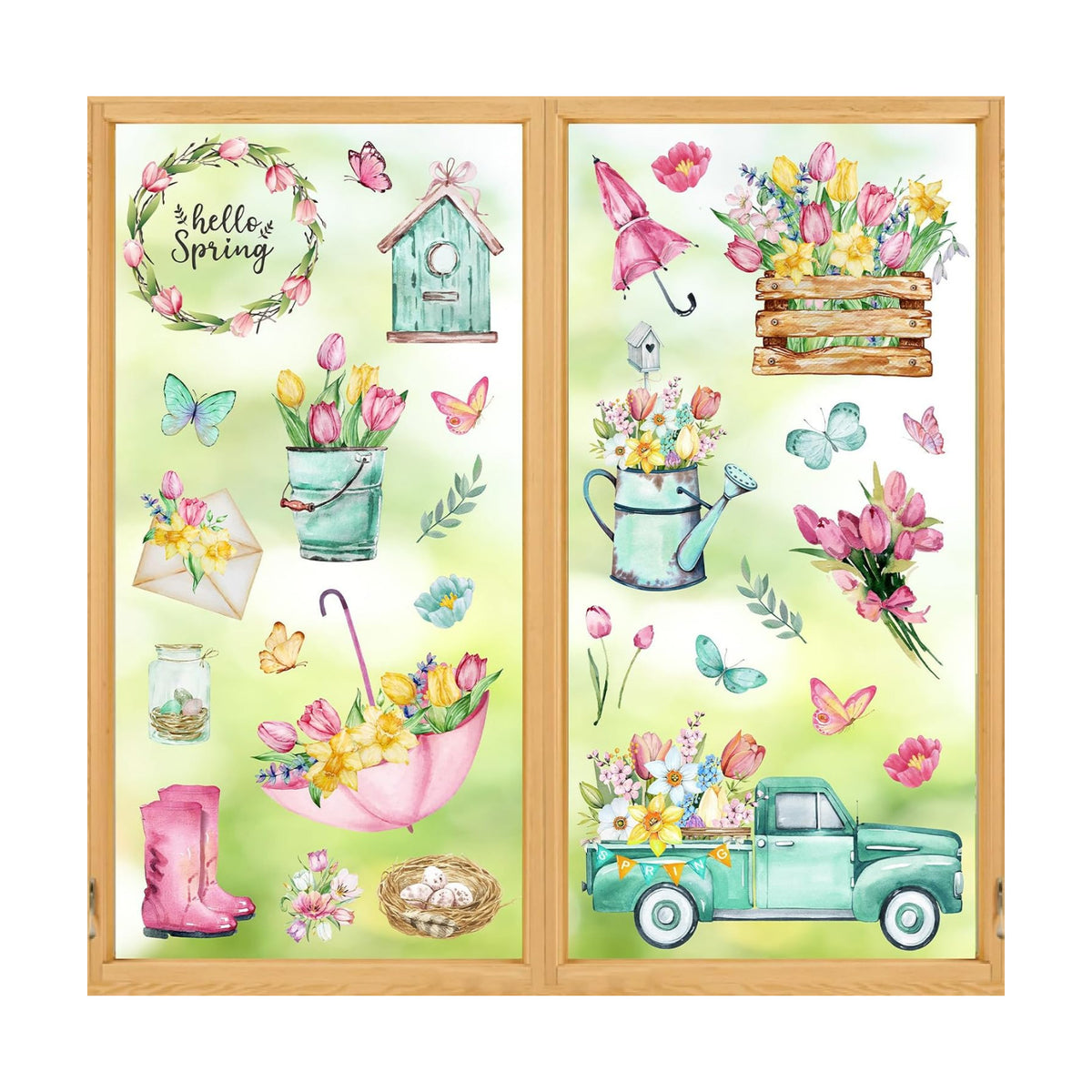 Whaline 75 Pcs Spring Summer Tulip Window Clings Tulip Flower Umbrella Truck Window Stickers Hello Spring Double-Side Glass Decals for Home Office School Party Shop Display Decoration