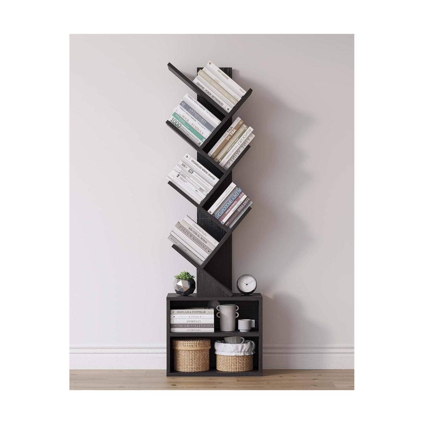 SUNMORY 6 Tier Tree Bookshelf, Tall Small Bookcase with Storage Cabinet