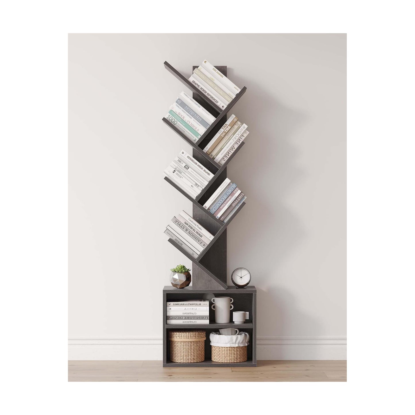 SUNMORY 6 Tier Tree Bookshelf, Tall Small Bookcase with Storage Cabinet
