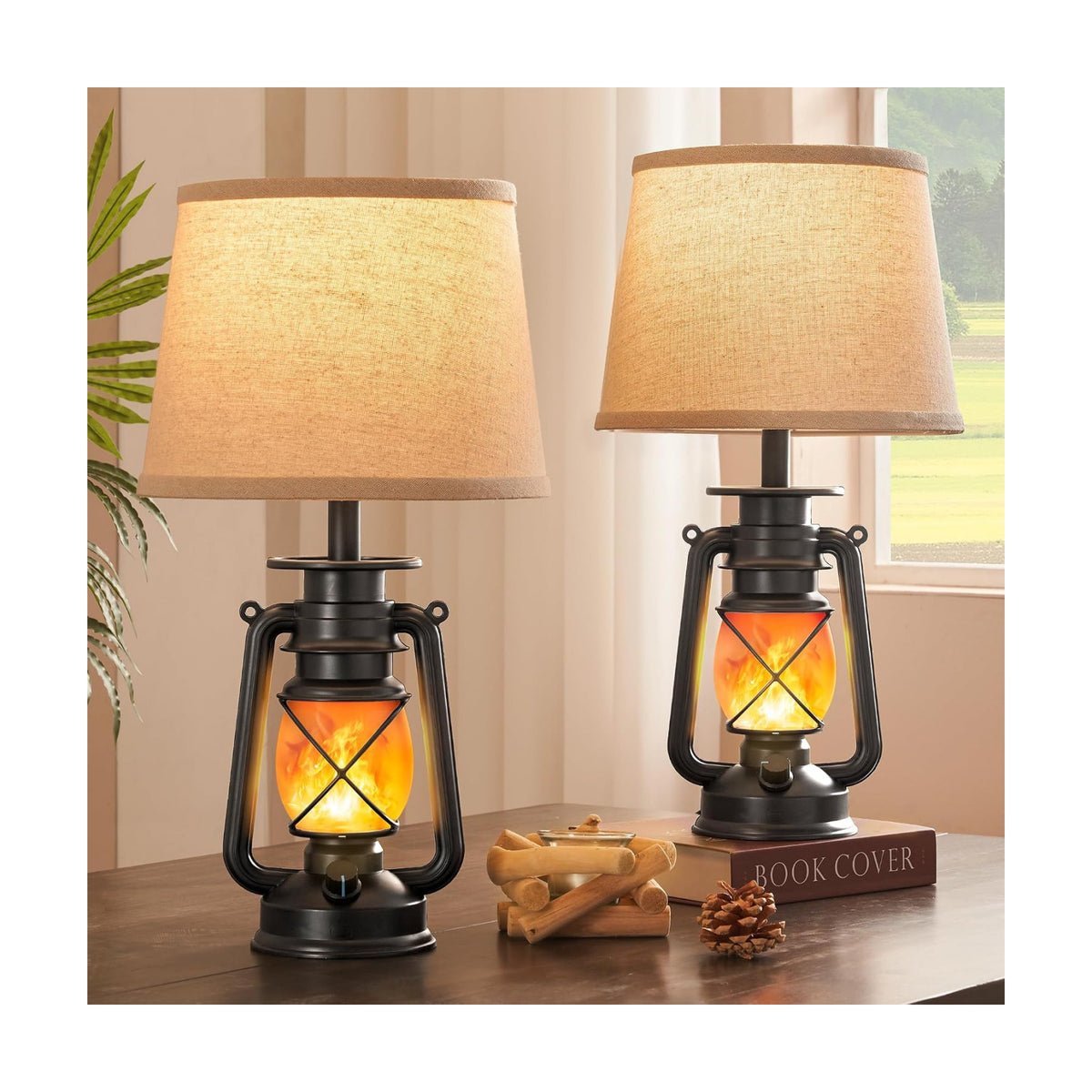 LEDIARY 18.72" Black LED Lantern Flickering Flame Table Lamps Set of 2 | Small Farmhouse Vintage End Table Lamps