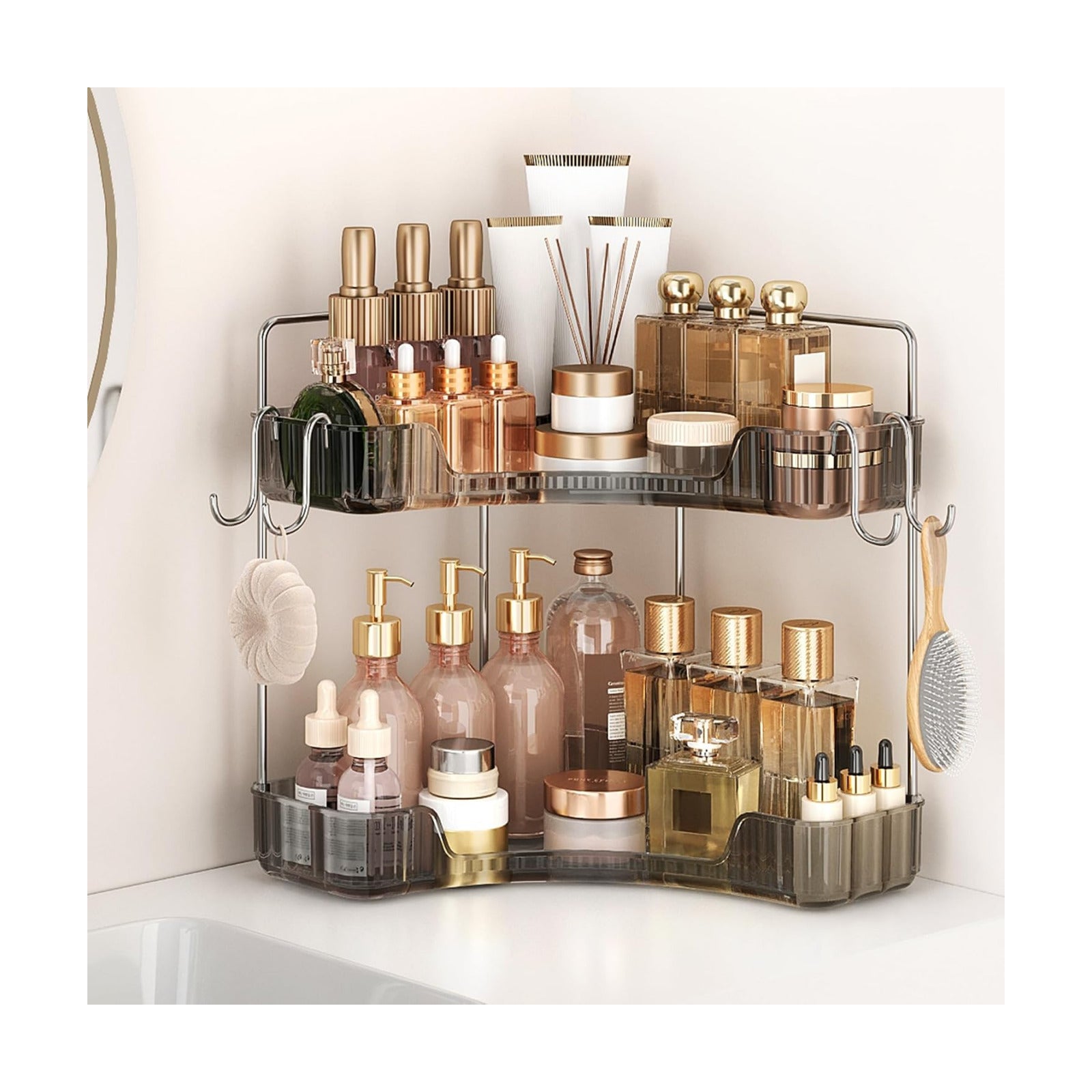 Corner Counter Organizer, 2-Tier Bathroom & Kitchen Storage Tray | Grey Vanity Organizer Storage Countertop with Hooks