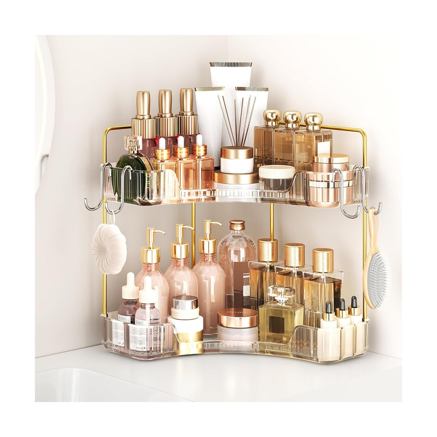 Corner Bathroom Counter Organizer 2 Tier Bathroom Organizers | Storage Countertop with Hooks Skin Care Exquisite Vanity