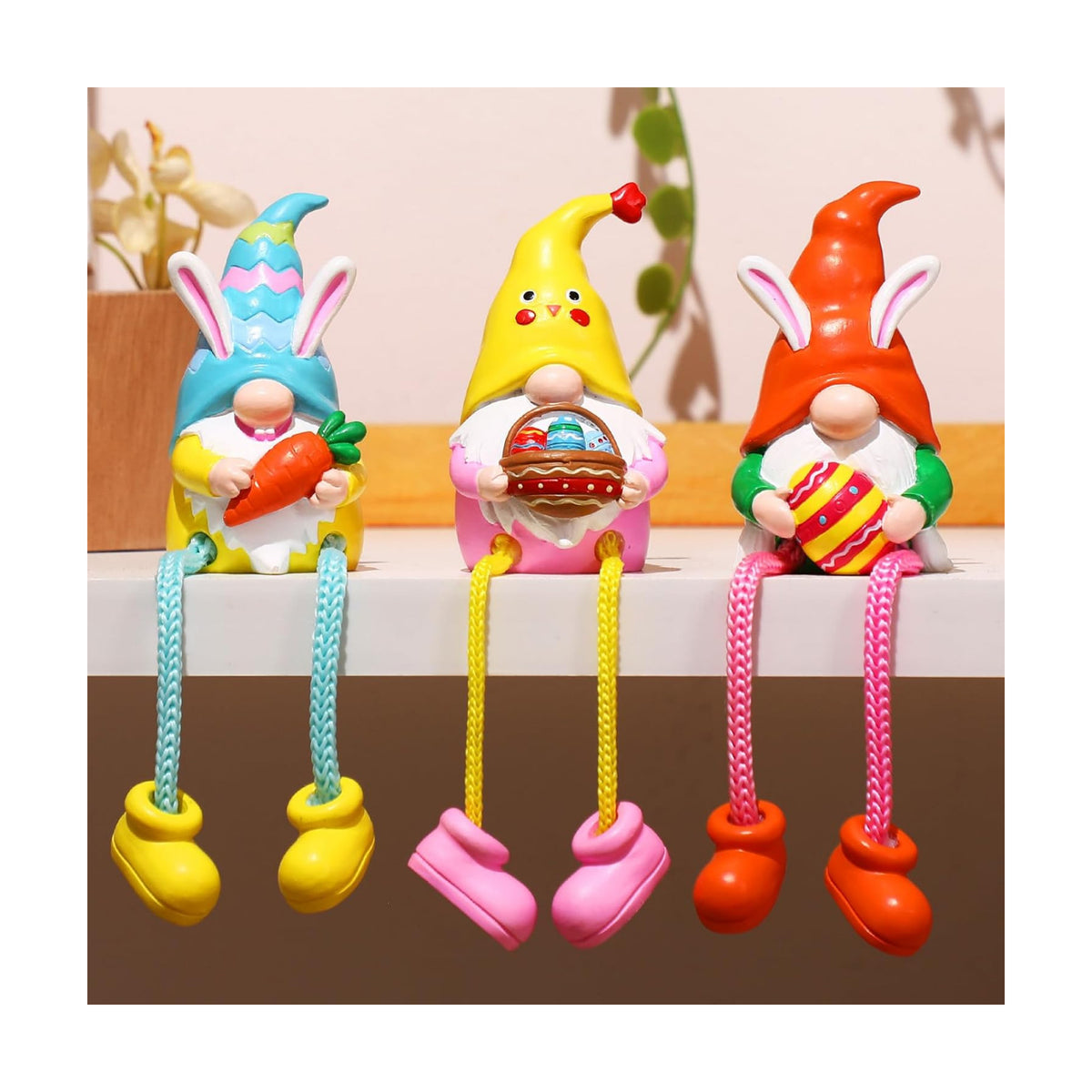 3 Pcs Easter Bunny Gnomes with Dangling Leg Figurines Decorations