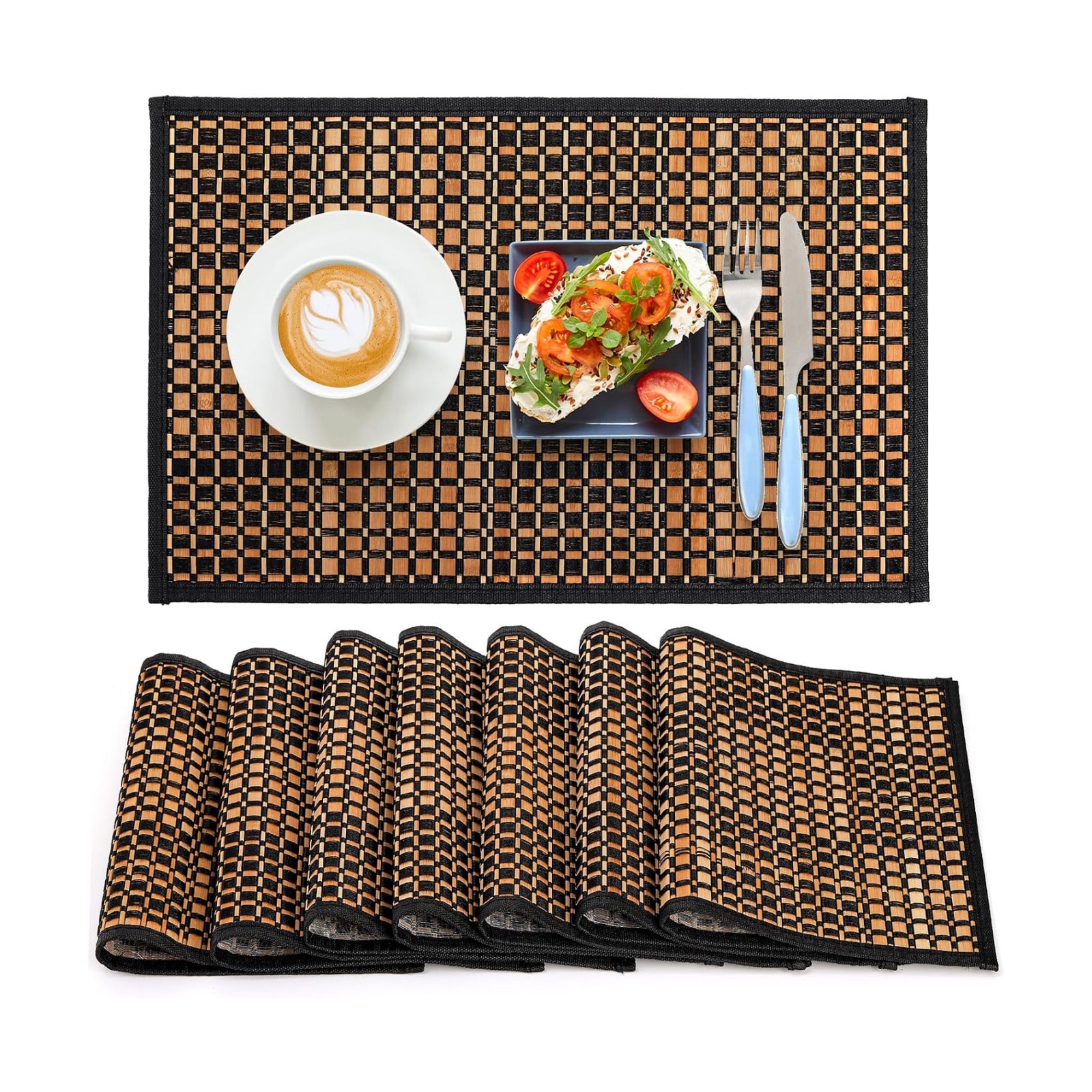 Eorbow 8 Pack Bamboo Placemats, Natural Anti-Slip Dining Table Mats, Heat-Resistant Place Mats, Japanese Style Washable