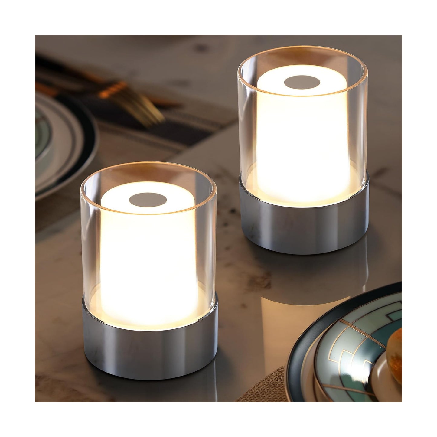 4" Chrome Cordless Table Lamp 2 Pack, Outdoor Rechargeable Lamp | LED, Battery Operated, Portable, Touch Night Light