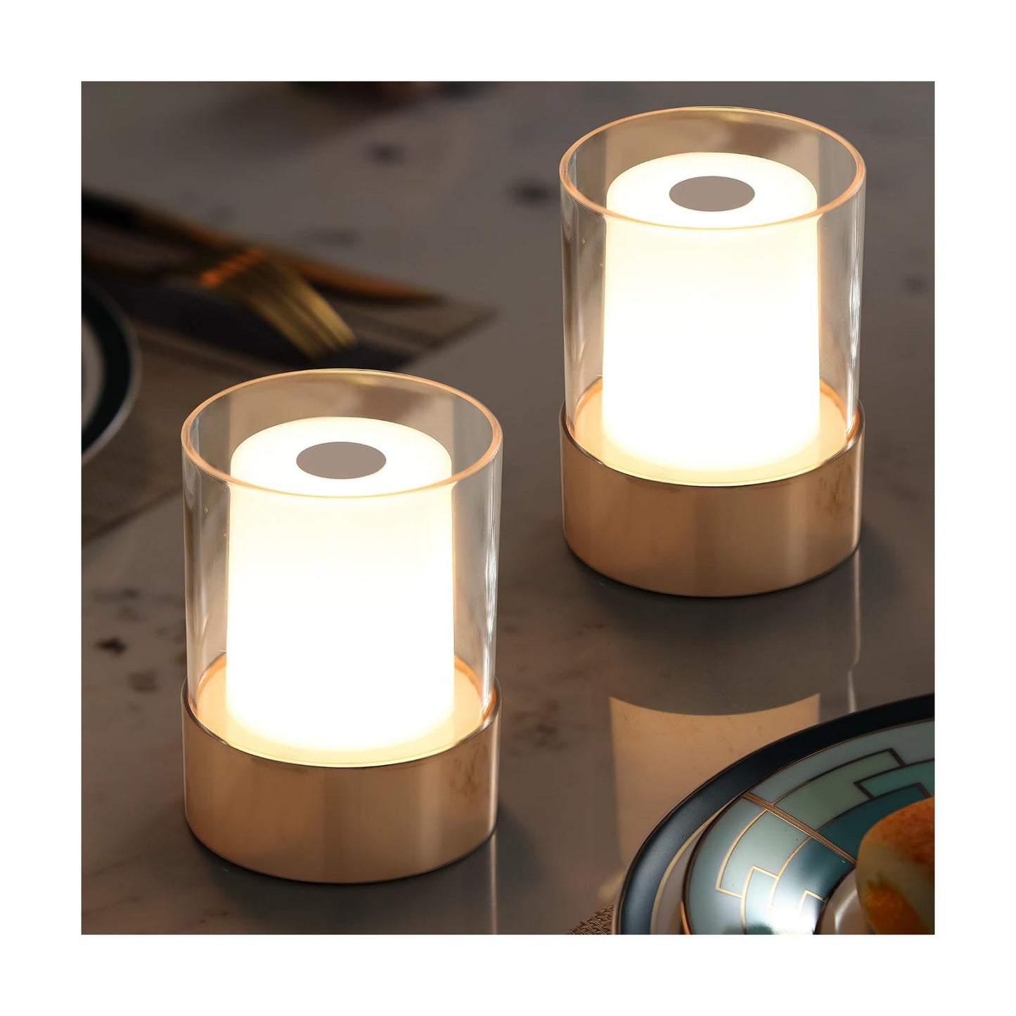4" Gold Cordless Table Lamp 2 Pack, Outdoor Rechargeable Lamp | LED, Battery Operated, Portable, Touch Night Light for