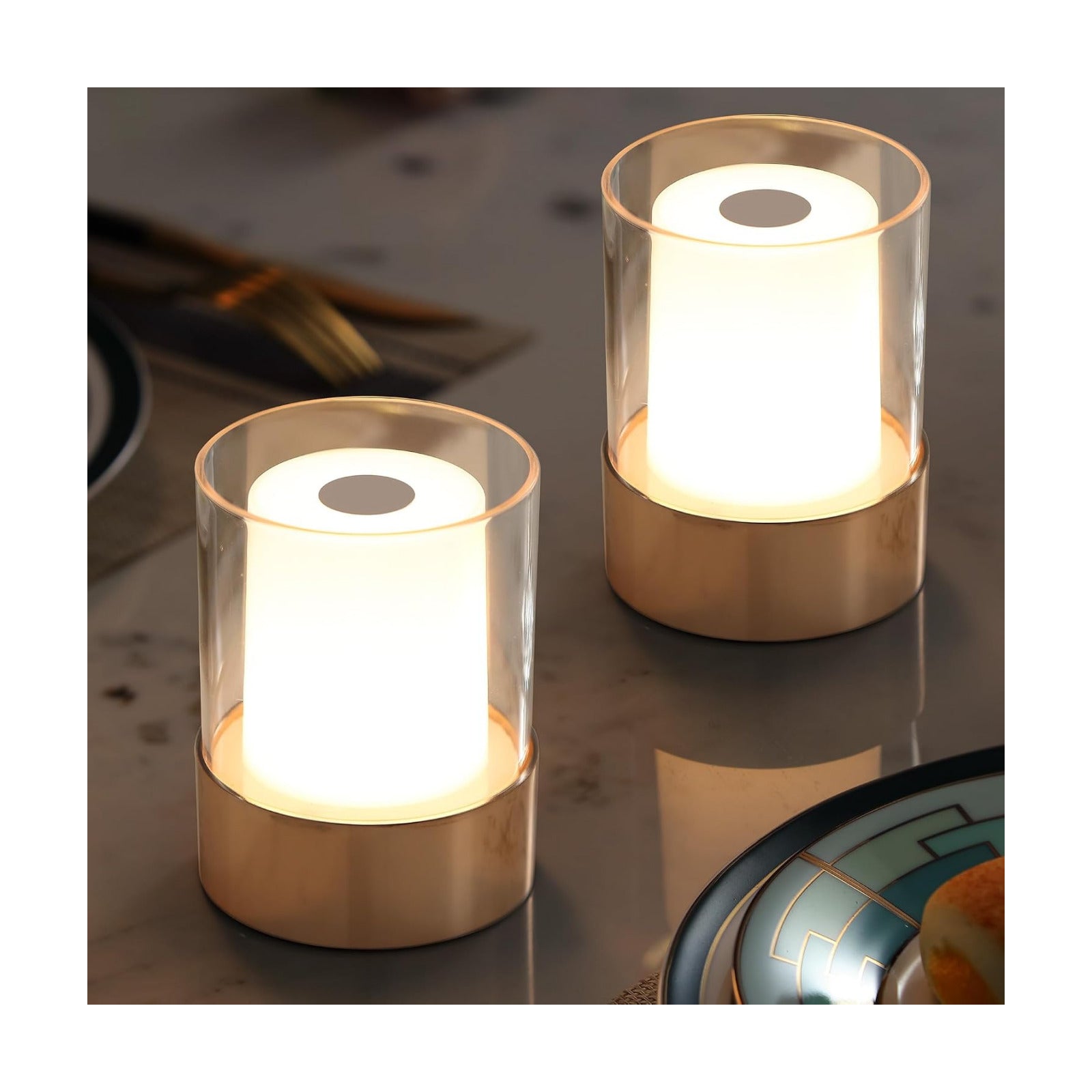 4" Gold Cordless Table Lamp 2 Pack, Outdoor Rechargeable Lamp | LED, Battery Operated, Portable, Touch Night Light for
