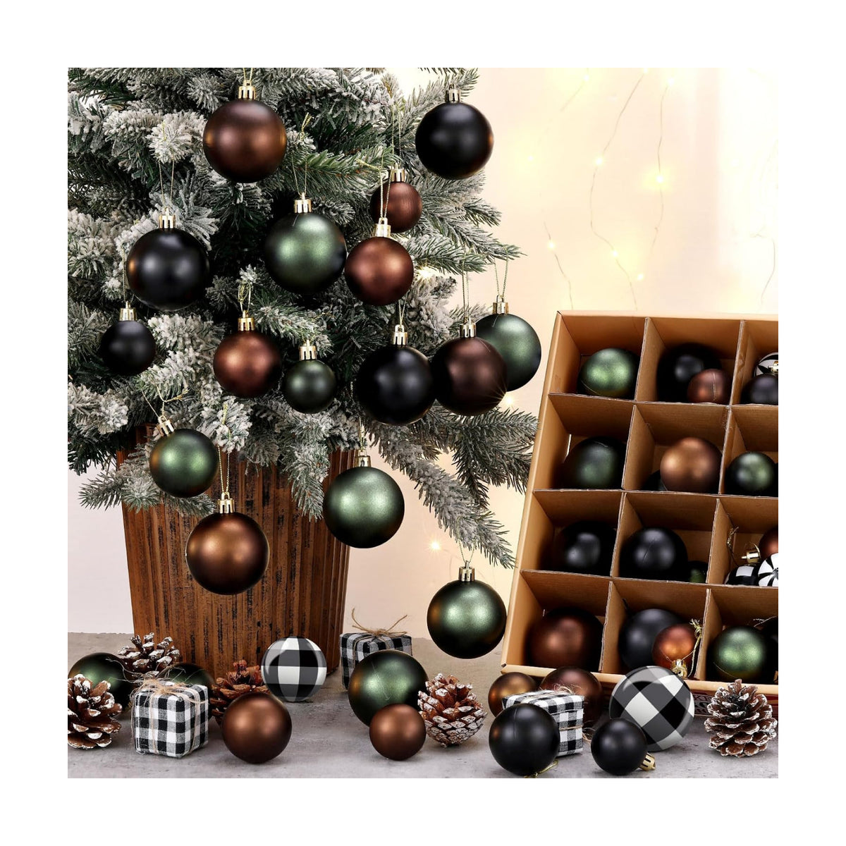 Lunmon 64 Pcs Neutral Christmas Ball Ornaments Bulk Matt Glitter Check Brown Green Black Xmas Bulbs Ornaments 1.6/1.97/2.4 Inch Modern Christmas Decorations for Tree Holiday Indoor Wreath Home Decor