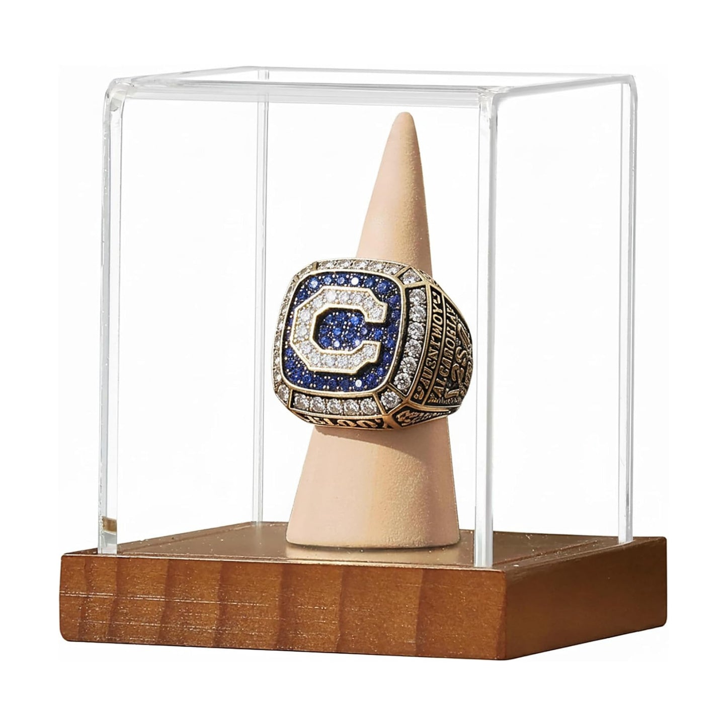 Championship Ring Display Case 2 Pack, Clear Acrylic Single Ring Holder with Wood Stand Base for Sports Basketball