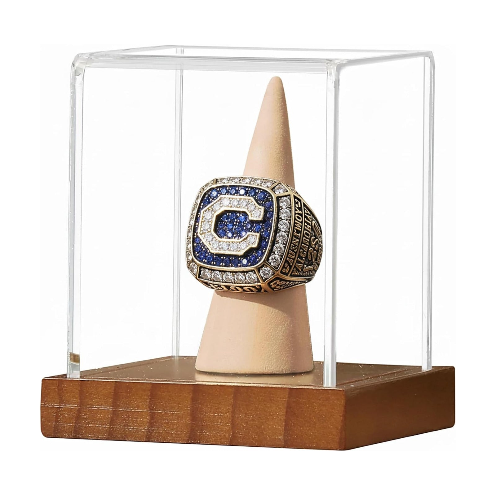 Championship Ring Display Case 2 Pack, Clear Acrylic Single Ring Holder with Wood Stand Base for Sports Basketball