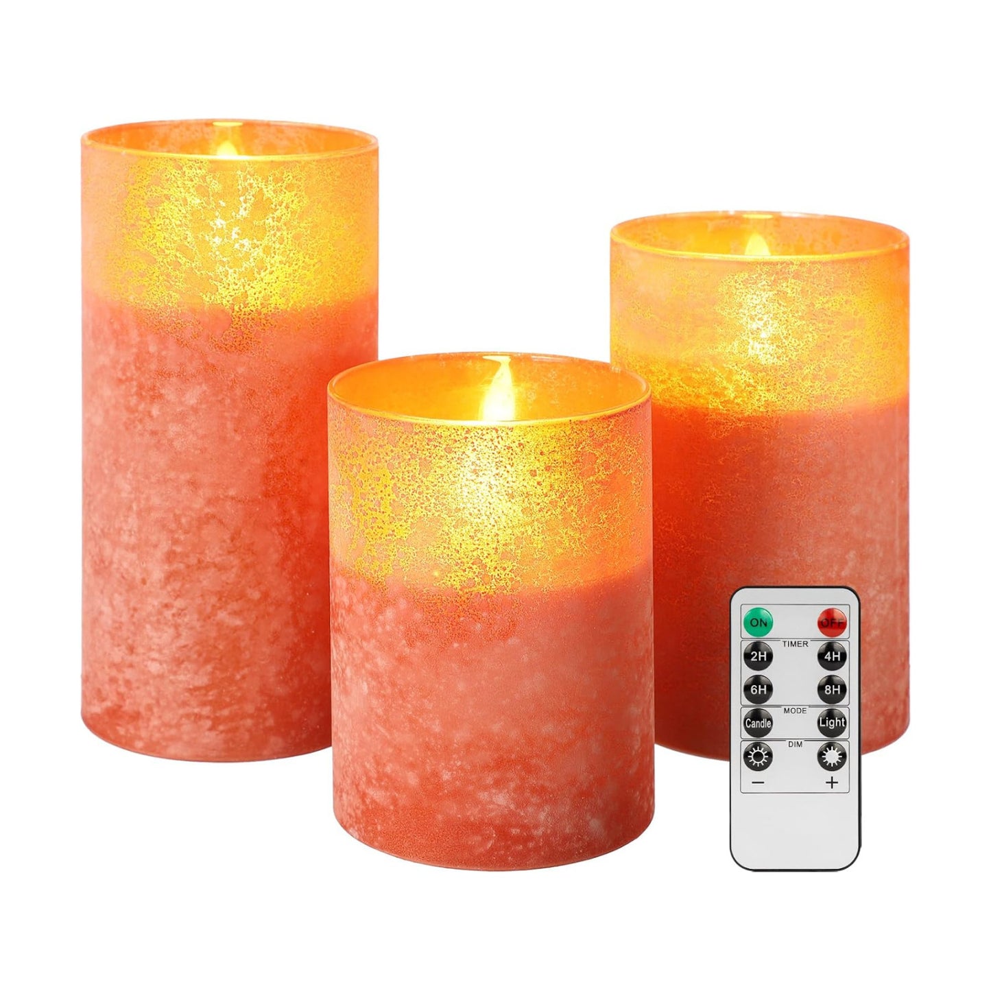 Flameless Candles with Remote Orange Glass LED Pillar Candles Set of 3 | Realistic Wax Flame Effect, 2/4/6/8H Timer