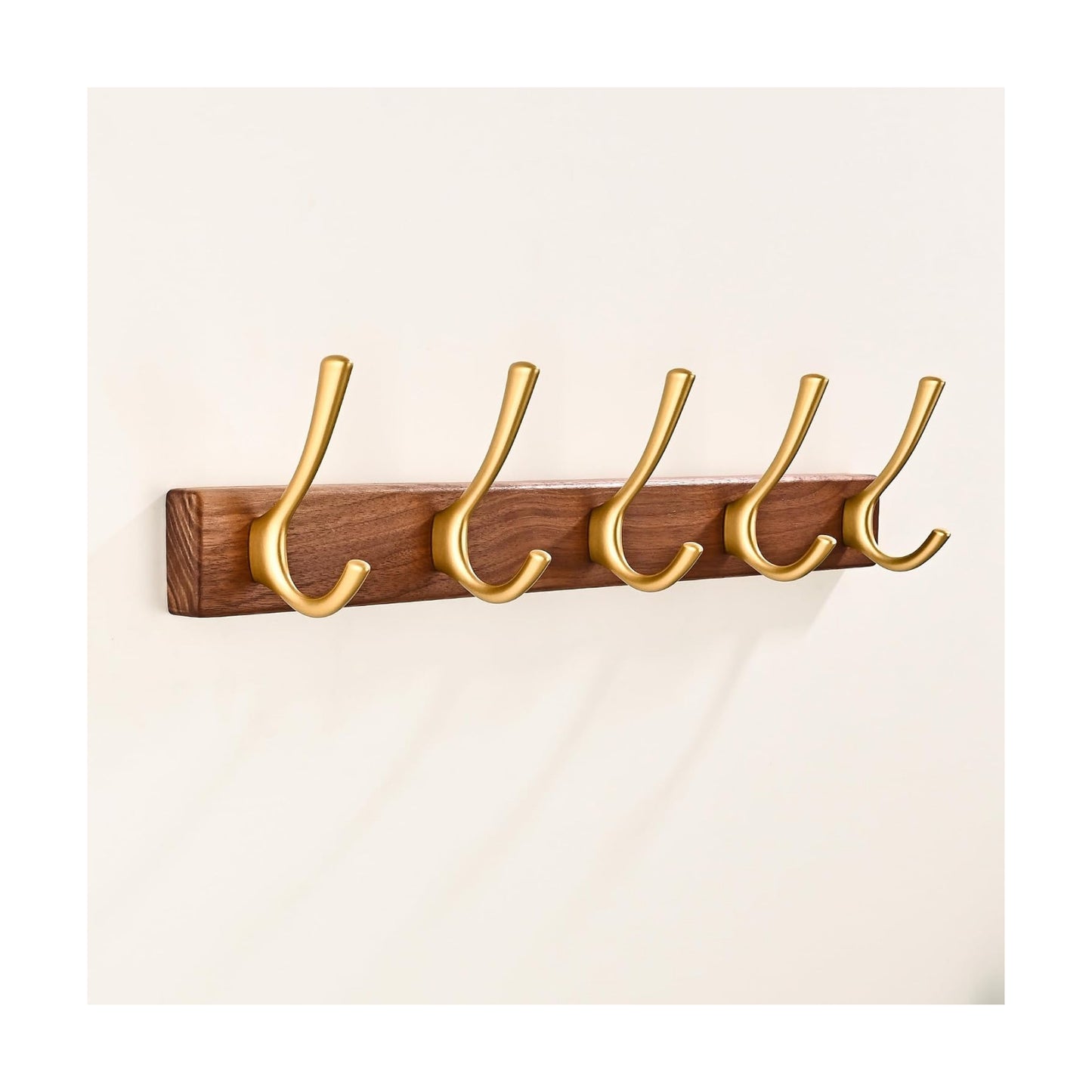 17.3" Small Walnut Wood Coat Rack Wall Mount / Gold 5 Hooks Wall Coat Rack