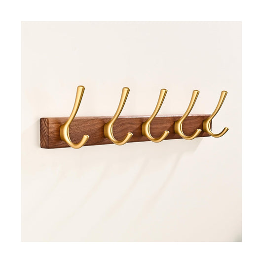 17.3" Small Walnut Wood Coat Rack Wall Mount / Gold 5 Hooks Wall Coat Rack