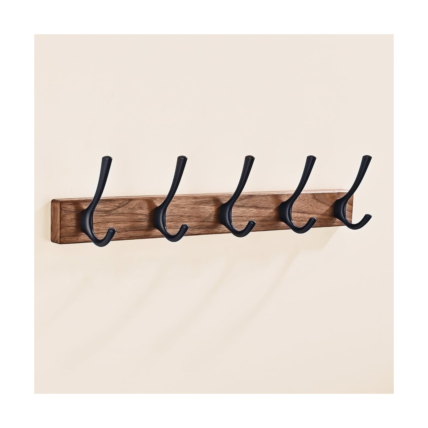 17.3" Small Walnut Wood Coat Rack Wall Mount / Black 5 Hooks Wall Coat Rack