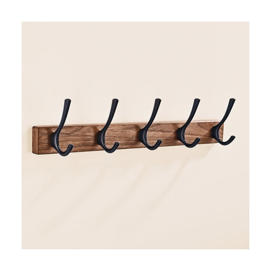 17.3" Small Walnut Wood Coat Rack Wall Mount / Black 5 Hooks Wall Coat Rack