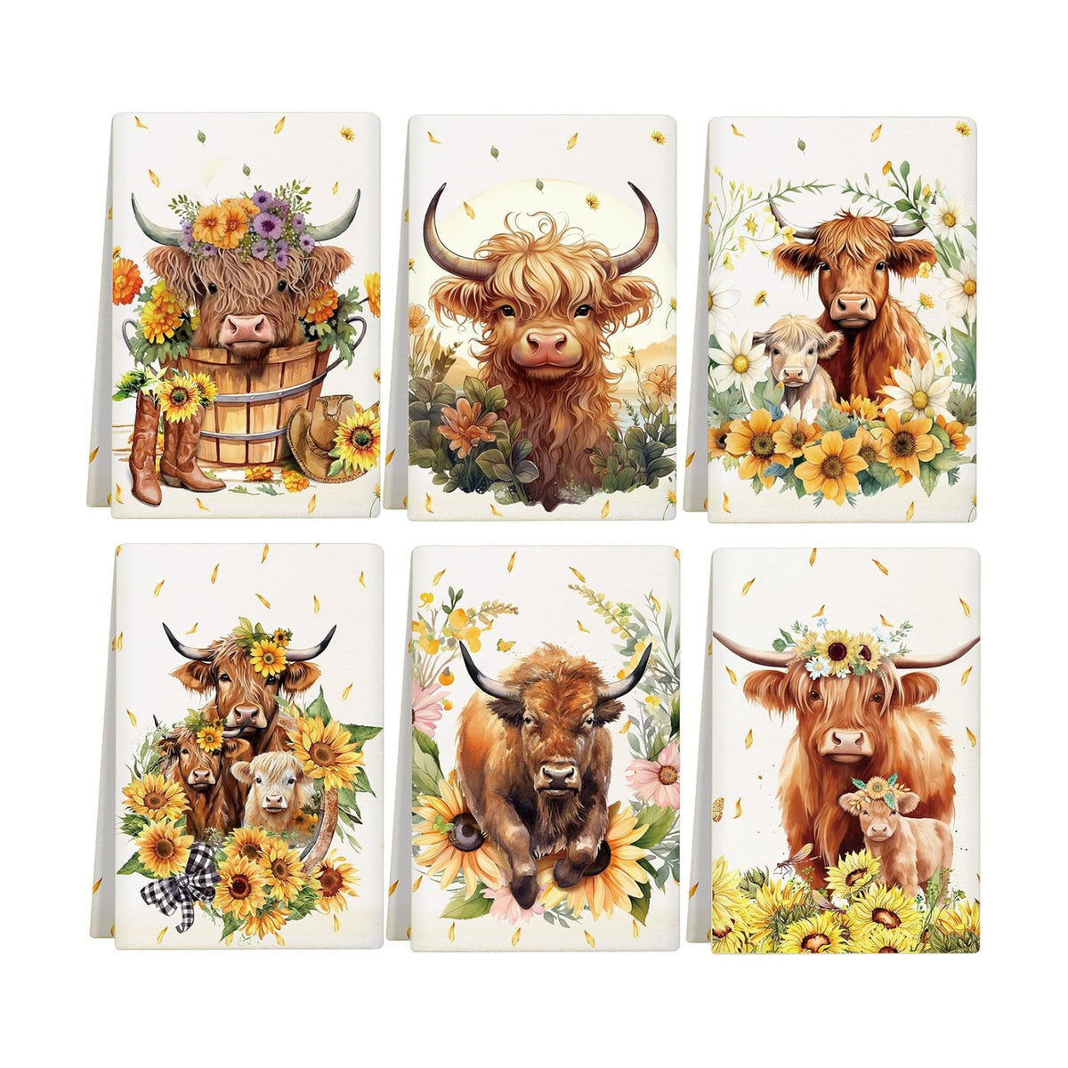 Redbaker Set of 6 Highland Cattle Kitchen Towels Highland Cow Dish Towels