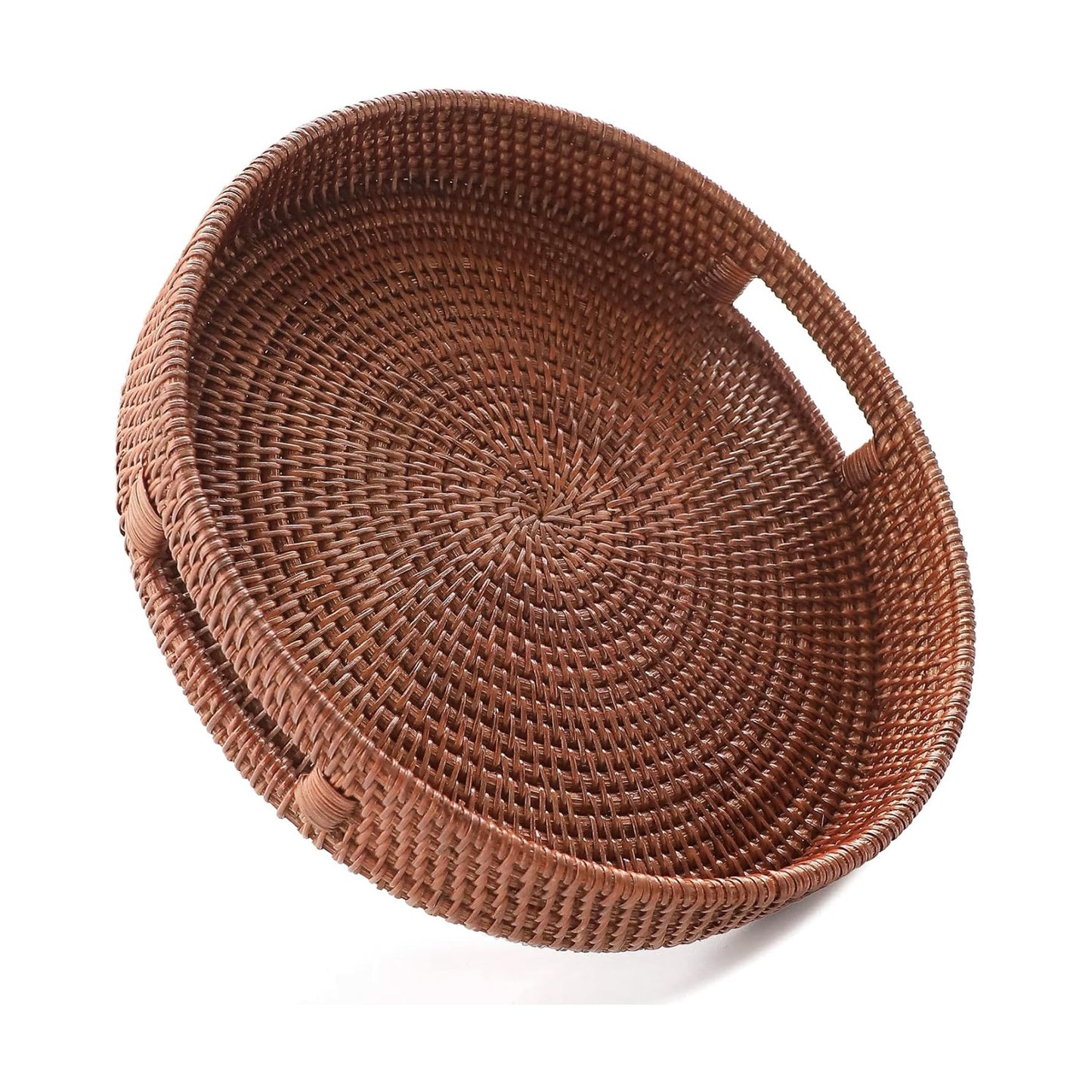 11.8" Hand-Woven Round Rattan Serving Tray Decorative Wicker Trays / Medium / Brown