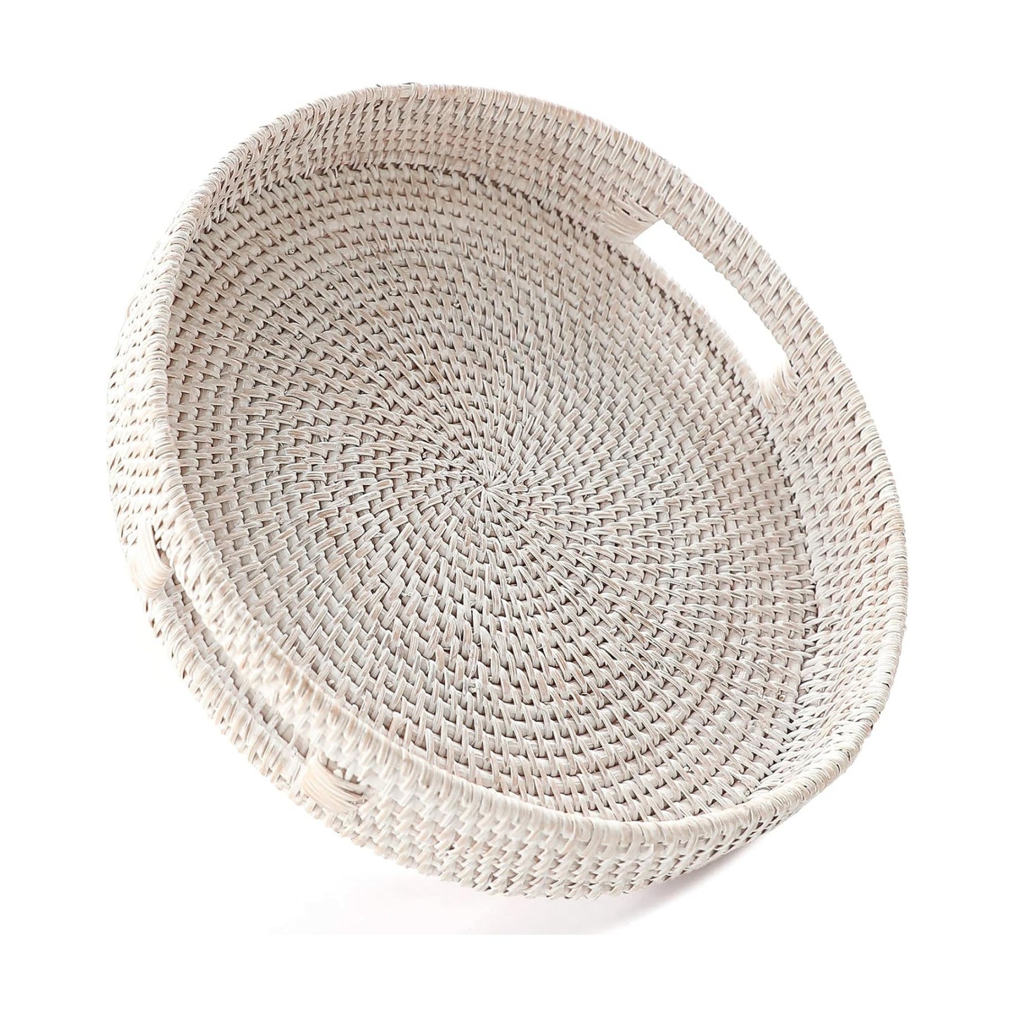 11.8" Hand-Woven Round Rattan Serving Tray Decorative Wicker Trays / Medium / Whitewash